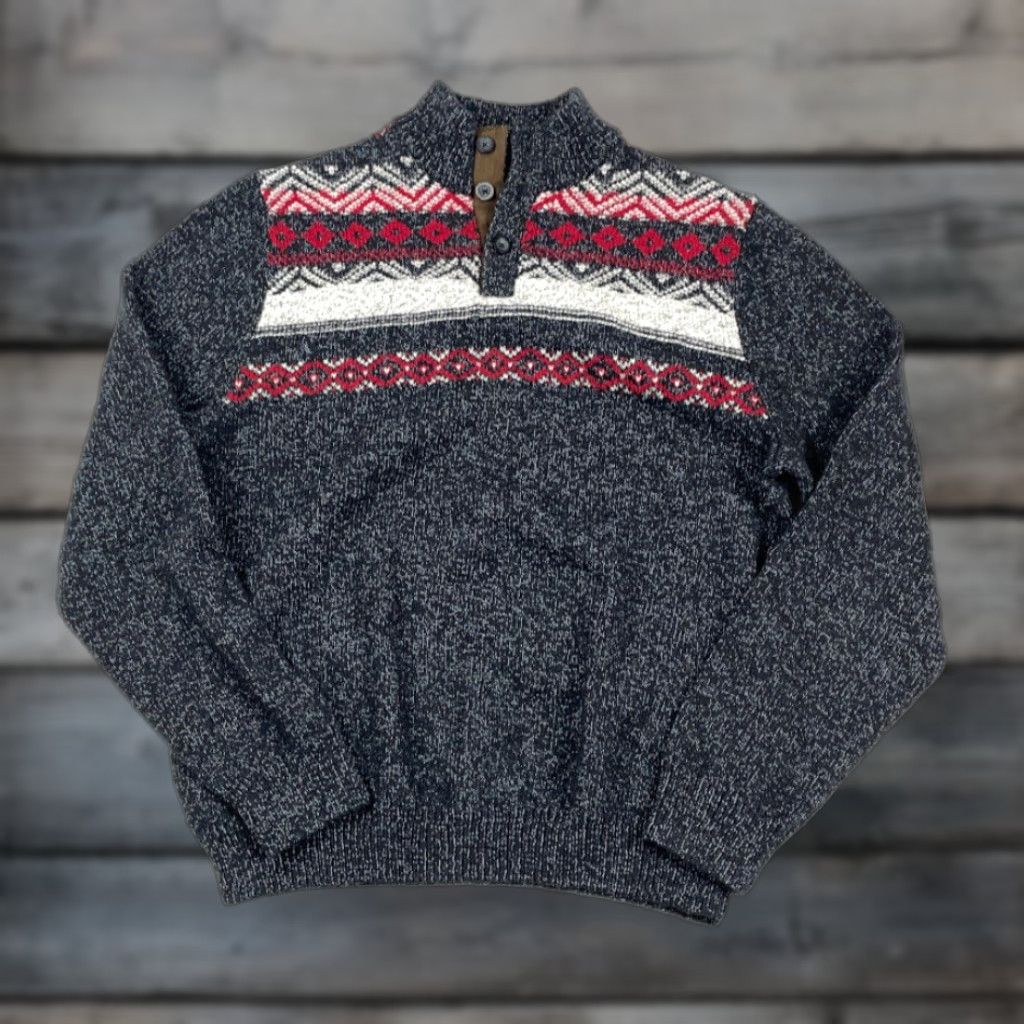 Chaps Ski Lodge Marled Gray Fair Isle High Neck Sweater Adult XL Geometric Chaps Mens Knit Henley 90s Ski Casual Heavyweight Size US XL / EU 56 / 4 - 1 Thumbnail