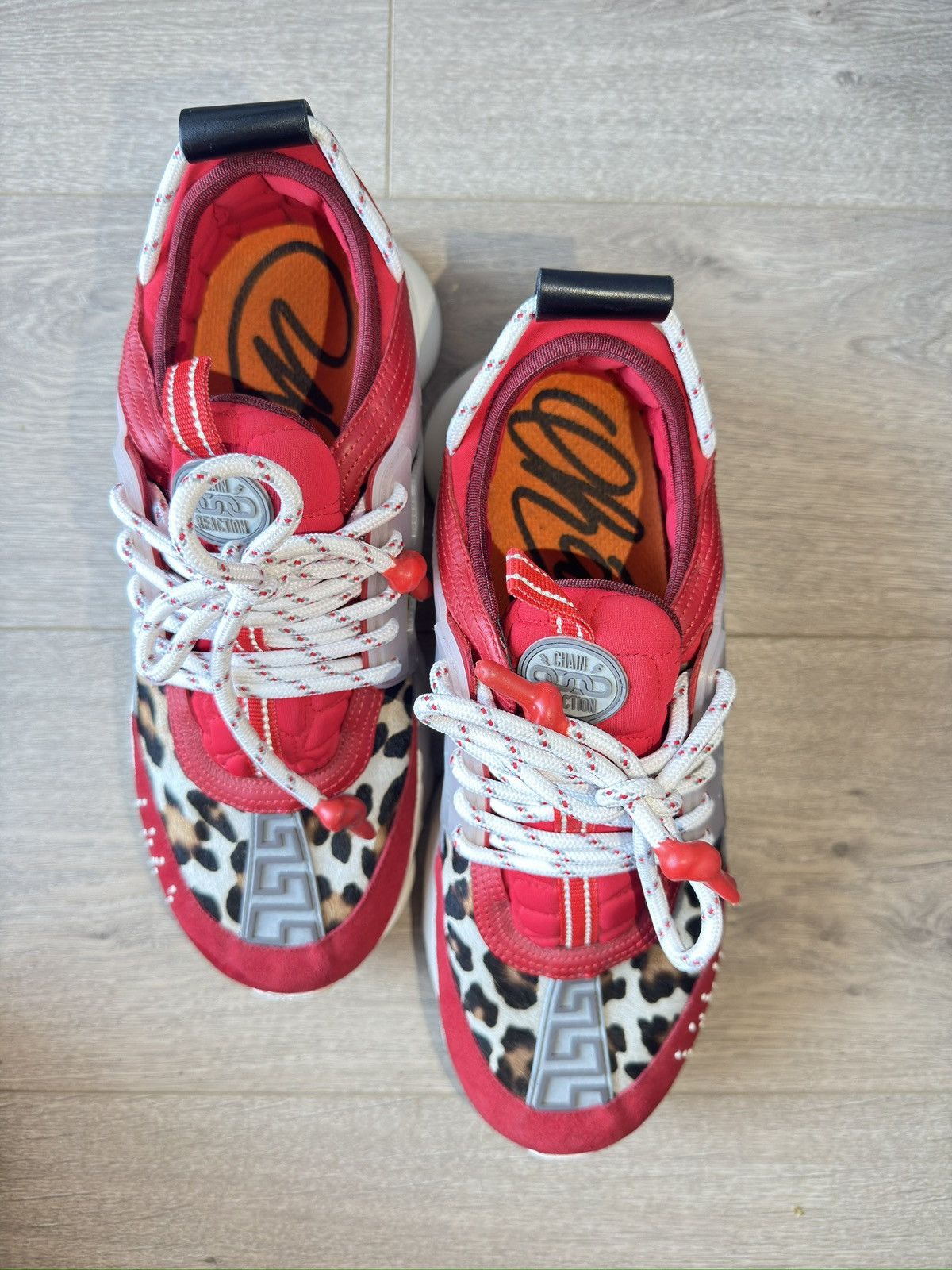 Versace Versace Suede/Pony Hair Chain Reaction Sneakers Leopard Red Size US 8 / EU 41 - 1 Thumbnail