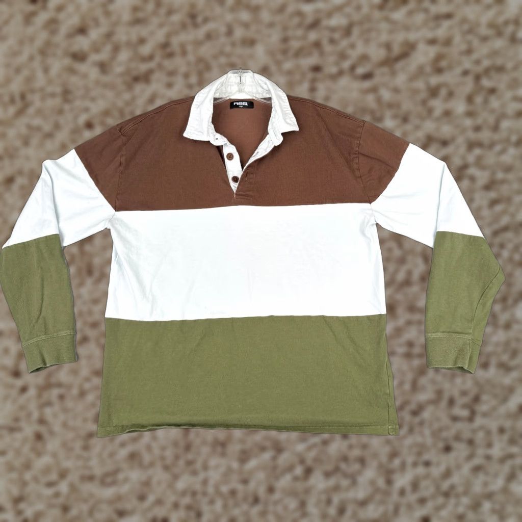 Rsq RSQ Polo Shirt Men Large Brown White Green Colorblock 100% Cotton Long Sleeve - Golf, Classic, Designer - Multicolor Mens Adult Large Polo Shirt Size US L / EU 52-54 / 3 - 1 Thumbnail
