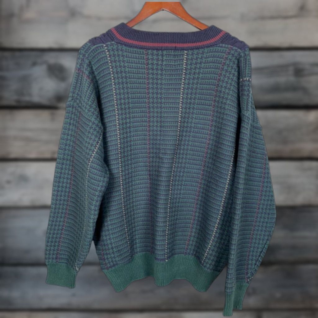 Gant GANT 90s Cotton Tennis V-Neck Sweater Mens Large Green Blue Houndstooth Check Knit Pullover Vintage Size US L / EU 52-54 / 3 - 1 Thumbnail
