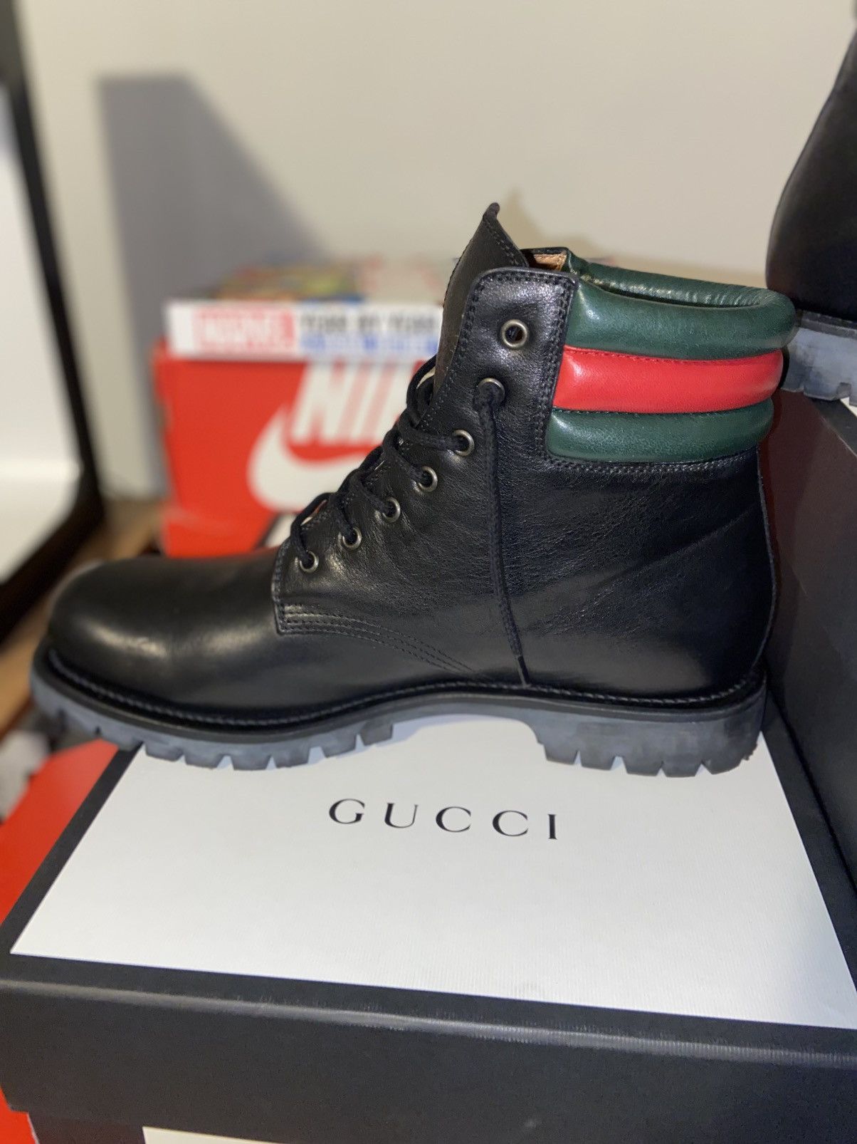 Gucci Gucci Black Leather Hiking Boots (Web Stripe Collar) Size US 11 / EU 44 - 5 Thumbnail