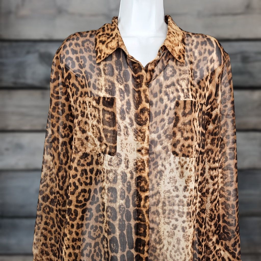 Vintage Chico's Womens Button Up Top Sz Large Brown Animal Print Sheer Long Sleeve Blouse Shirt Womens Size L / US 10 / IT 46 - 1 Thumbnail