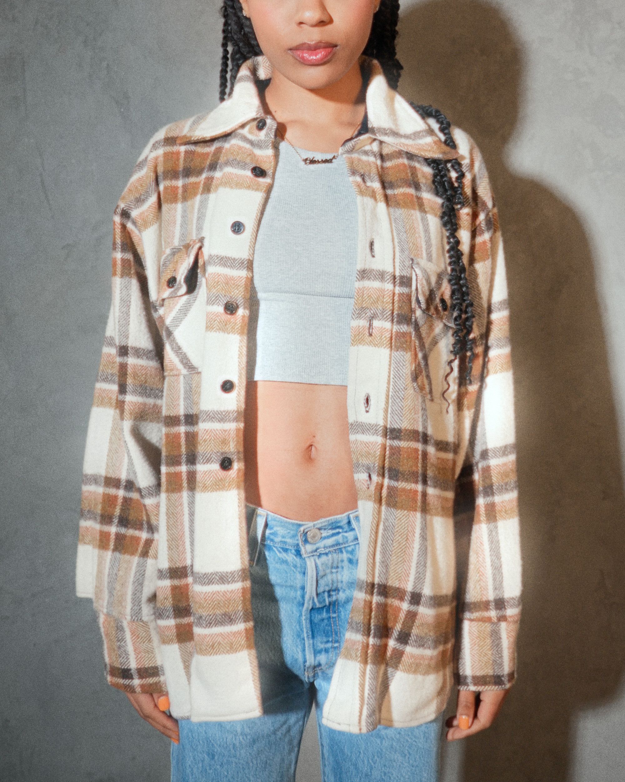 Vintage Vintage 1970s Montgomery Ward Wool Blend Cream Plaid Flannel Size US L / EU 52-54 / 3 - 1 Thumbnail