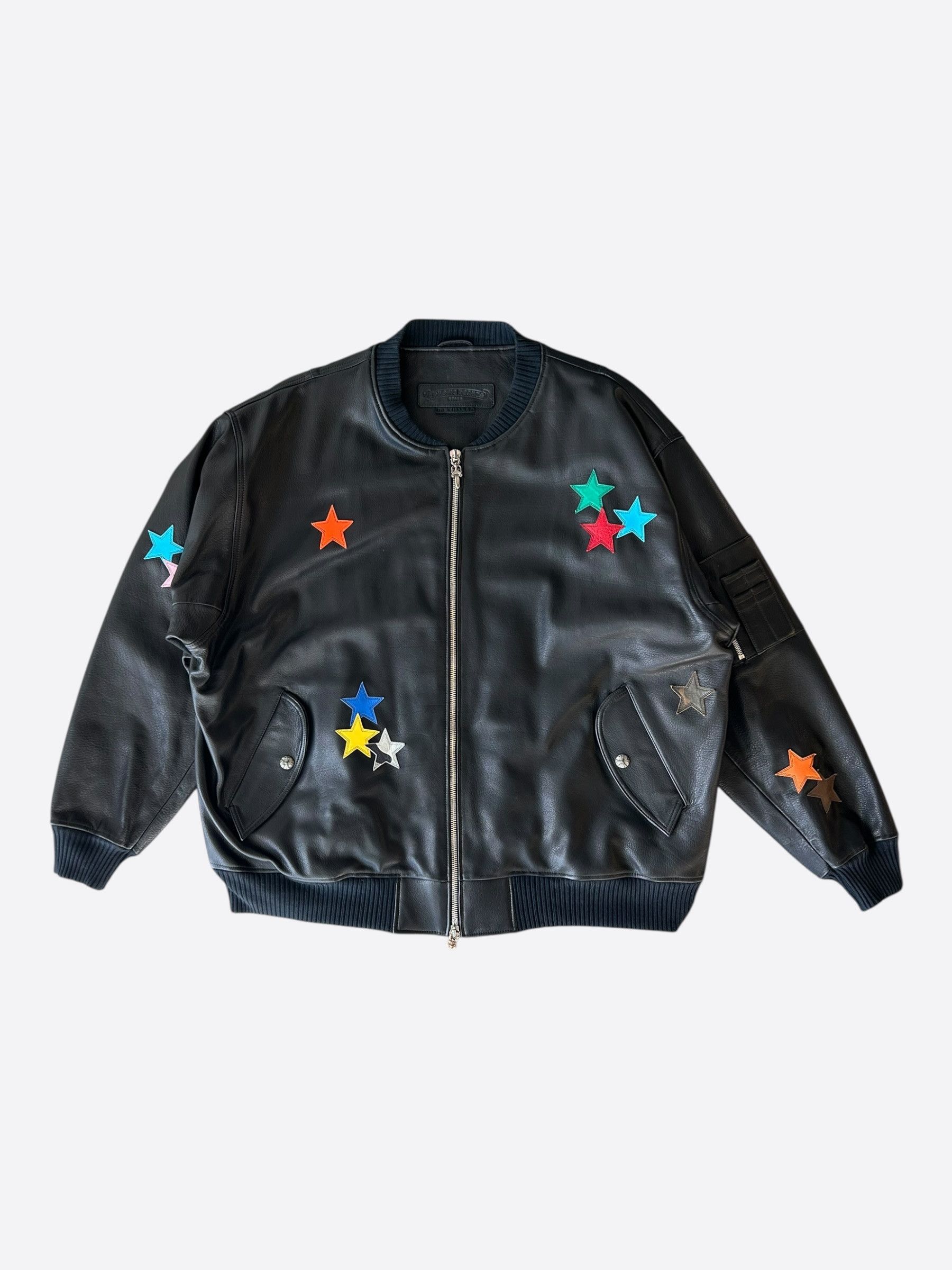 Chrome Hearts Black & Multicolor Star Patch Leather Bomber Jacket Size US XXL / EU 58 / 5 - 1 Thumbnail