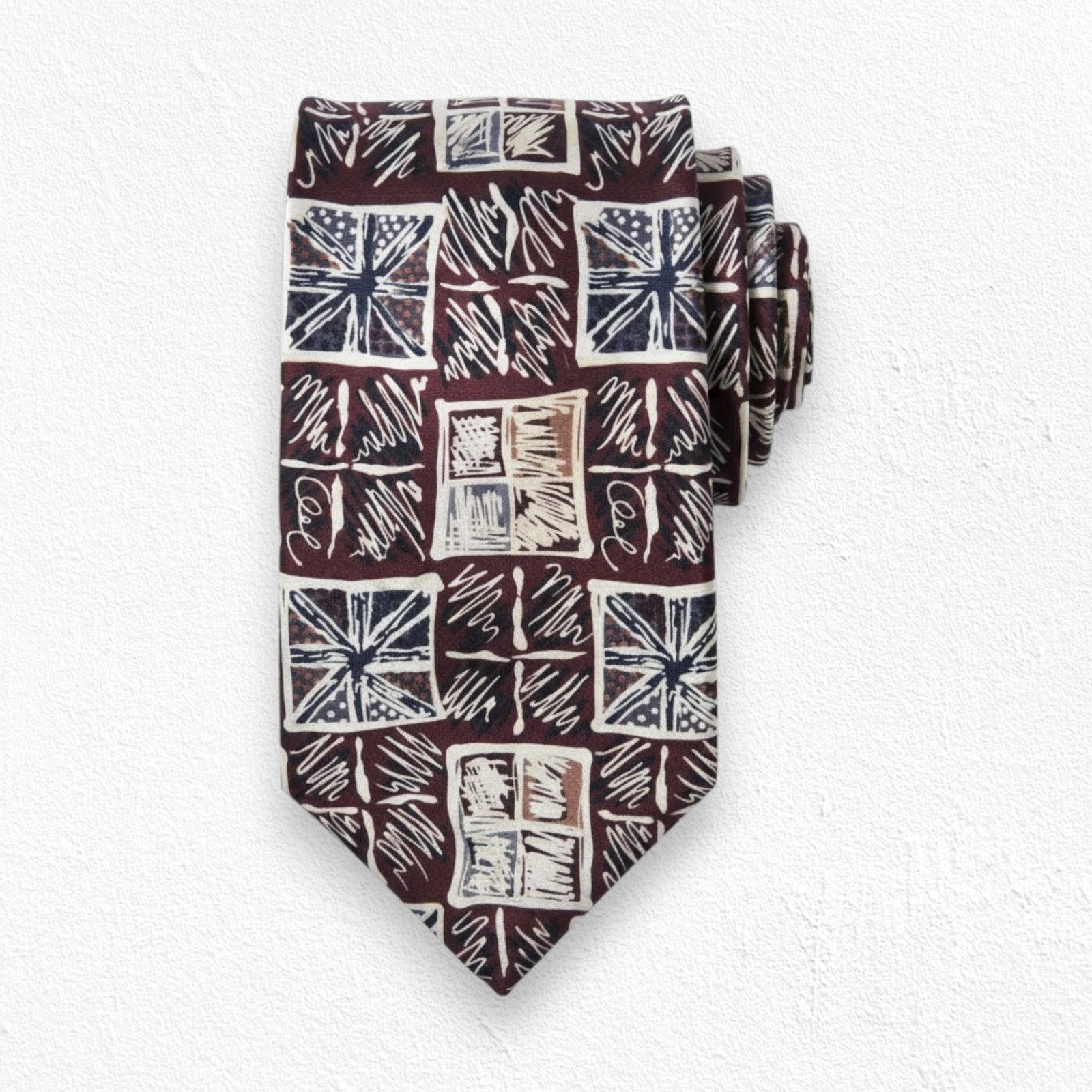 Vintage Vintage Brown Geometric Print Retro Silk Tie Size ONE SIZE - 1 Thumbnail