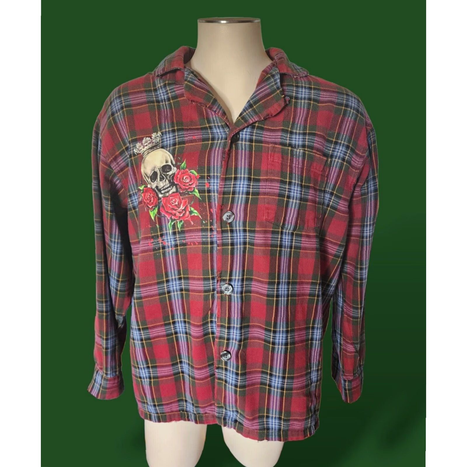 Vintage VINTAGE L.L.Bean Upcycled Flannel Shirt Halloween Skeleton Crown Heart Graphic Print Red Long Sleeve Mens Size US M / EU 48-50 / 2 - 5 Thumbnail