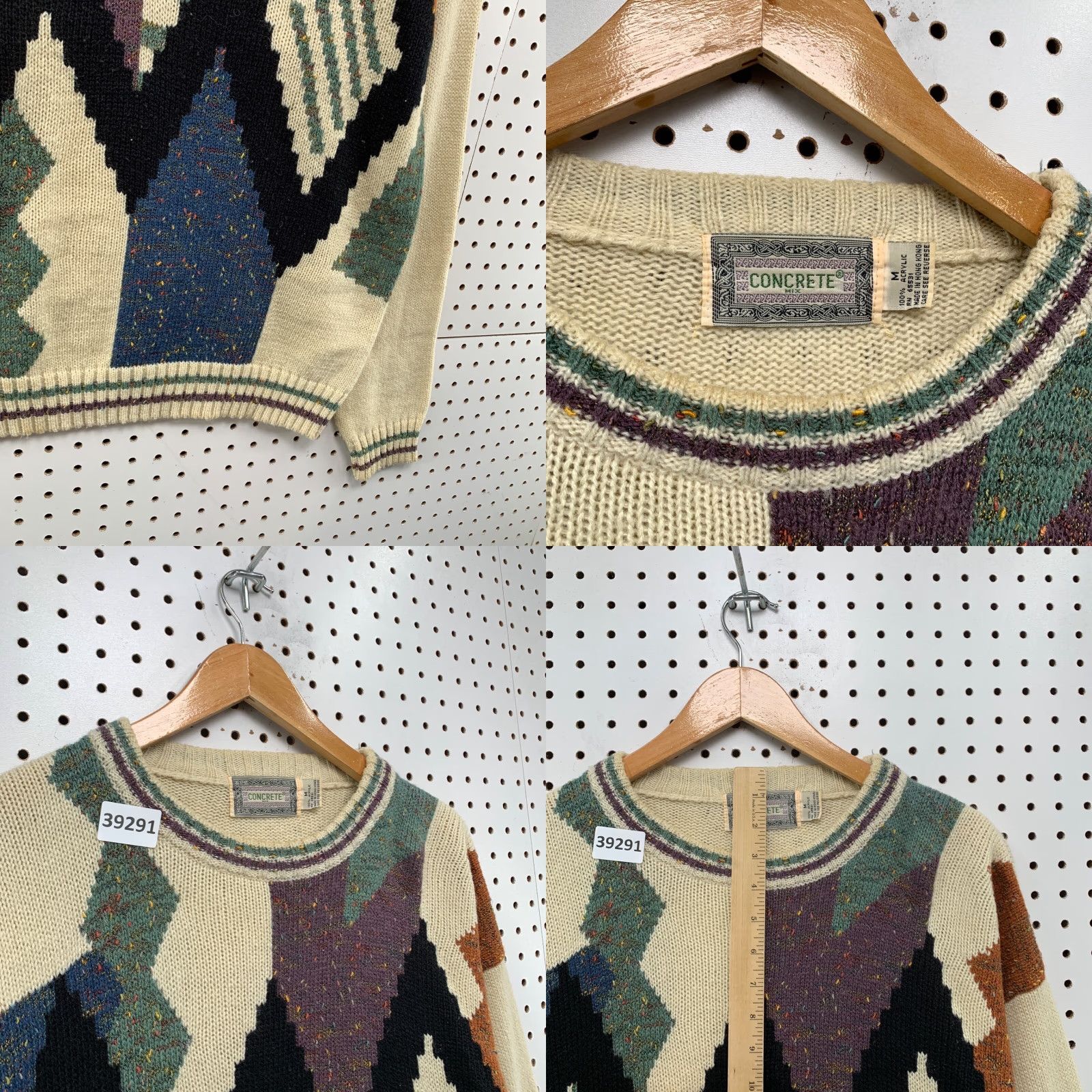 Vintage VINTAGE Concrete Knit Sweater Mens Medium Beige Acrylic Crew Neck Argyle 21.5x28 Pullover 90s Mens Size US M / EU 48-50 / 2 - 8 Thumbnail