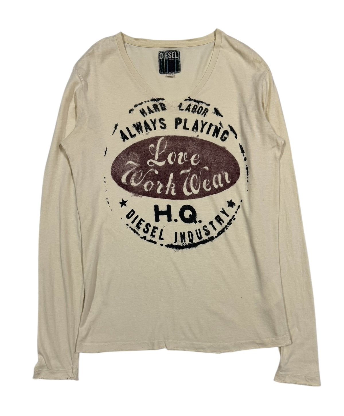 Diesel × Diesel Black Gold Vtg🔥Diese Beige Printed V-Neck Longsleeve Shirt Size US M / EU 48-50 / 2 - 1 Thumbnail