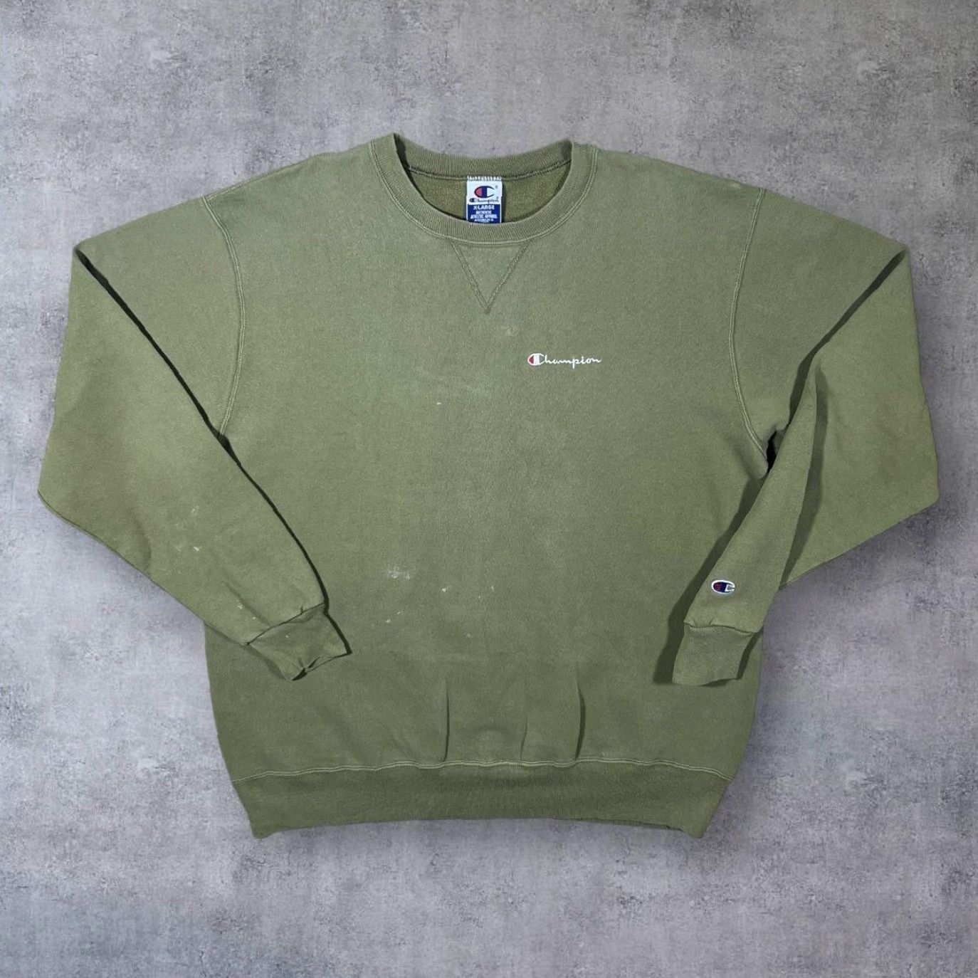 Champion VINTAGE Champion Embroidered Sweatshirt Khaki Green Distressed XL Mens Pullover Crew Neck Cap Size US XL / EU 56 / 4 - 2 Thumbnail