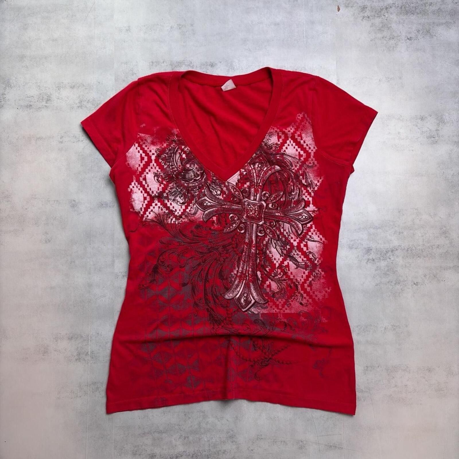 Other Y2K Red Cross Grunge Gothic V-Neck Skater T-Shirt Size L / US 10 / IT 46 - 1 Thumbnail