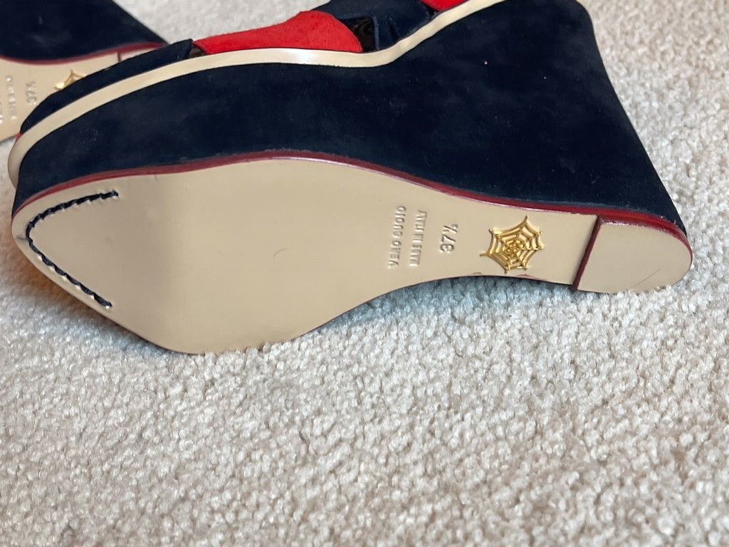 Charlotte Olympia NEW Charlotte Olympia Lady Luck Suede Wedges 37.5 Black Red Size US 7.5 / IT 37.5 - 5 Thumbnail