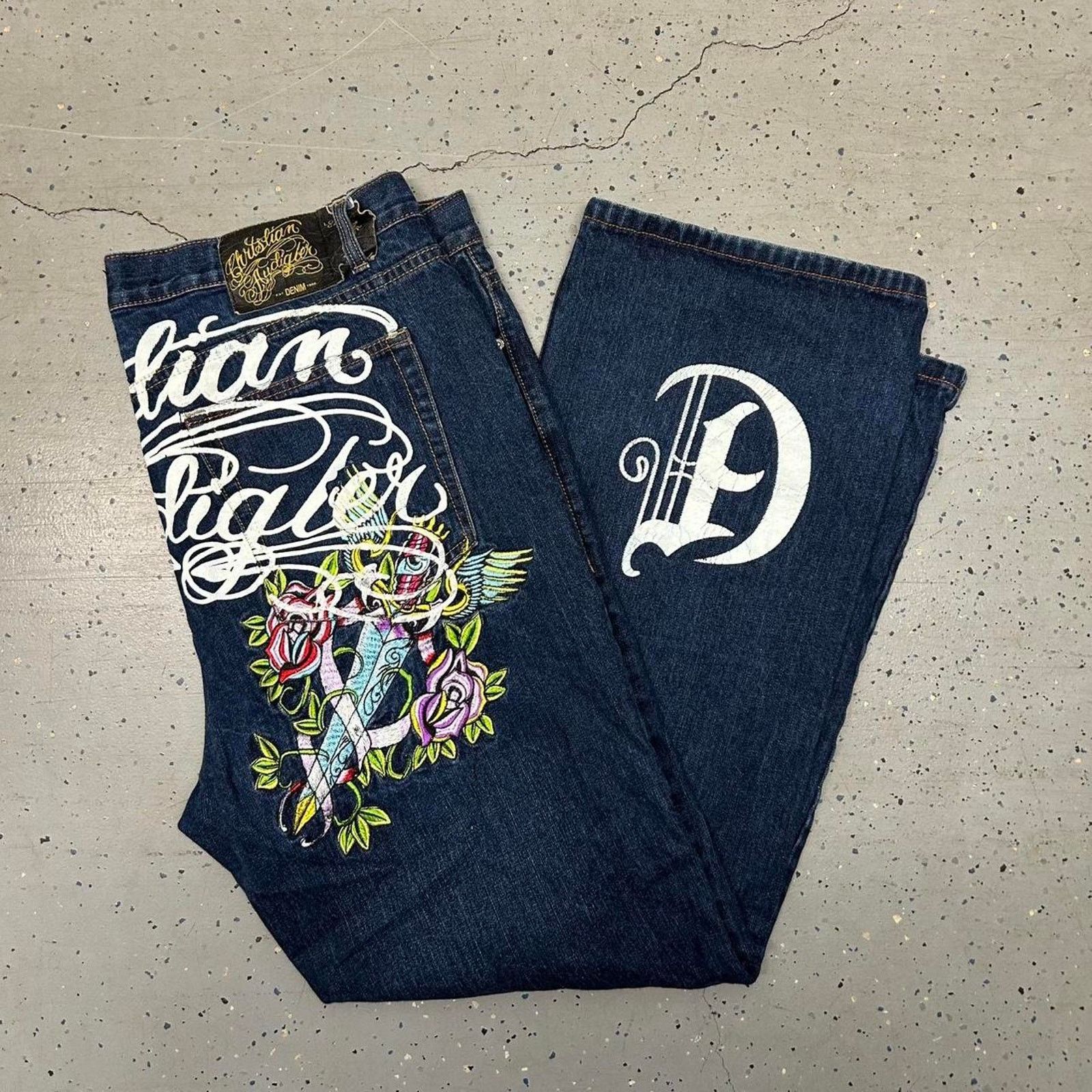 Y2K Christian Audigier Denim blue jeans with embroidery