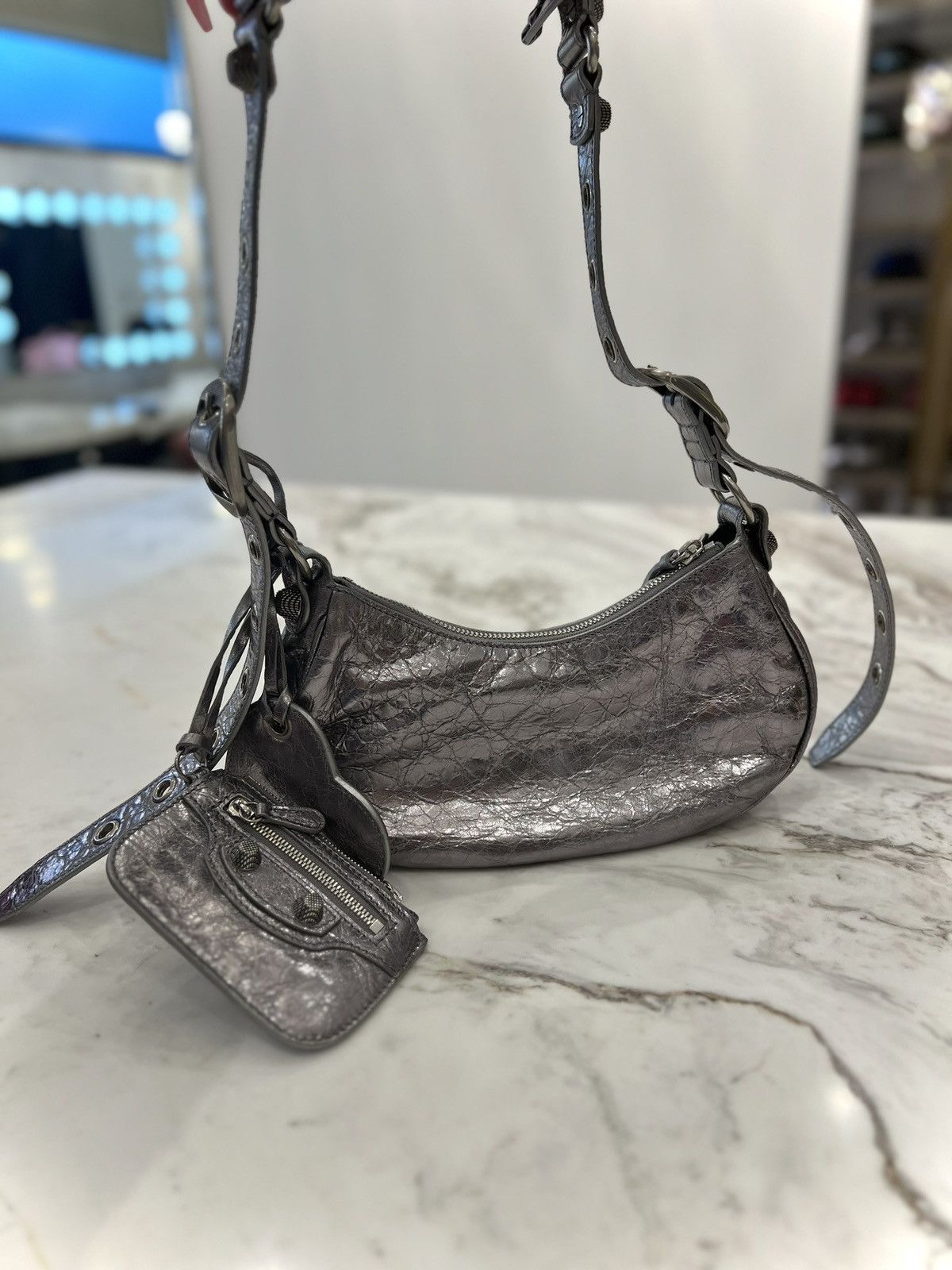 Balenciaga Balenciaga XS Le Cagole In Gunmetal/Silver Metallic Leather Size ONE SIZE - 6 Thumbnail