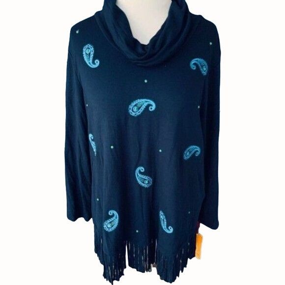 Designer Ruby Rd Navy Blue Paisley Cowl Neck Tunic Fringe Hem NEW L Size L / US 10 / IT 46 - 1 Thumbnail