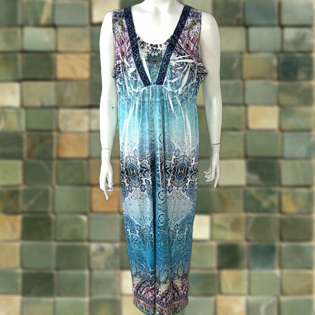 Vintage One World Large Midi Sleeveless Dress All Over Print Blue Dress Size L / US 10 / IT 46 - 1 Thumbnail