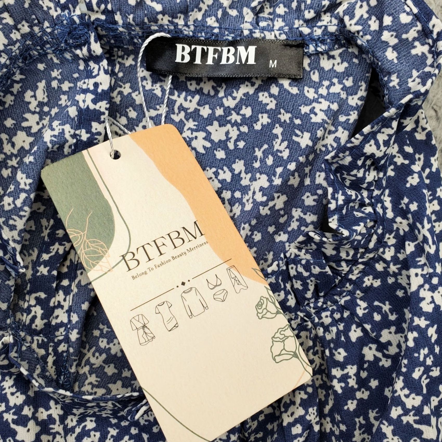 Vintage BTFBM Halter Dress Womens M Blue White Floral Sleeveless Belted Waist Swing Hem Dress Size M / US 6-8 / IT 42-44 - 3 Thumbnail