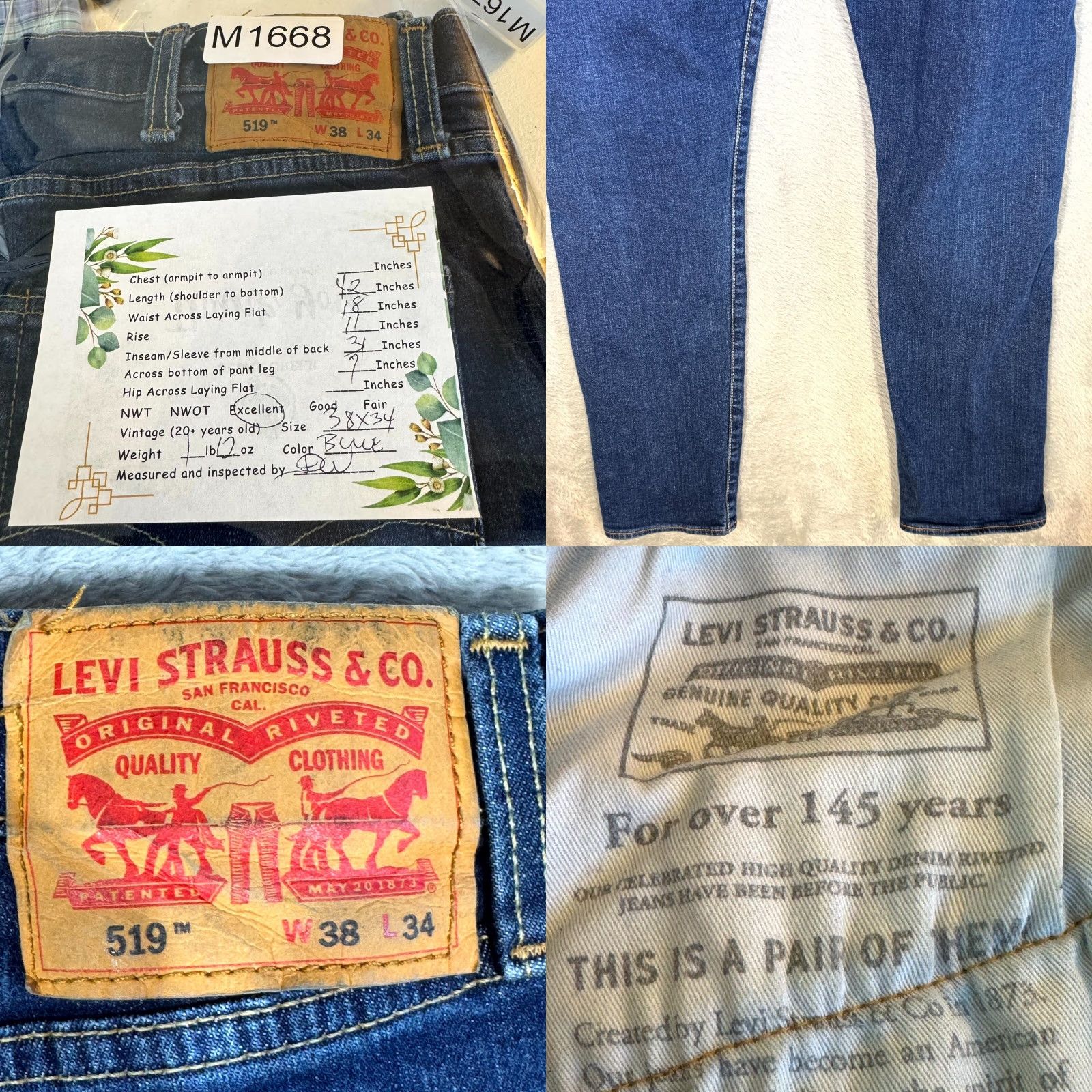 Levi's Levi’s 519 Men’s Jeans Straight Leg Denim Blue Mid-Rise 38 x 34 Regular Fit Jeans Size US 38 / EU 54 - 8 Thumbnail