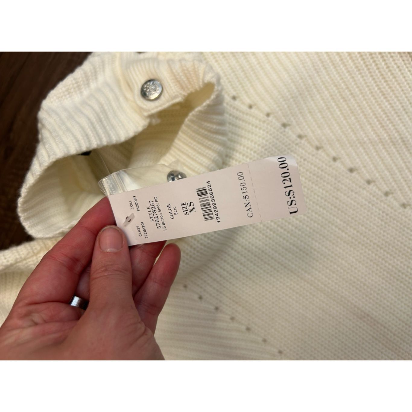 White House Black Market WHBM NWT Cream “Ecru” Knit Silver Button Ribbed Sweater, Sz Size XS / US 0-2 / IT 36-38 - 4 Thumbnail