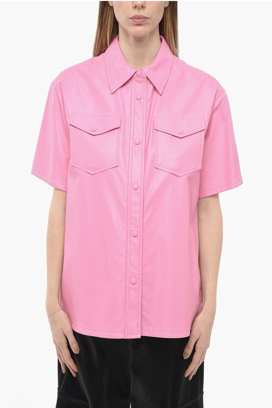 image of Stand Studio Vegan Leather Norea Shirt With Double Chest Pocket in Pink, Women's (Size Small)