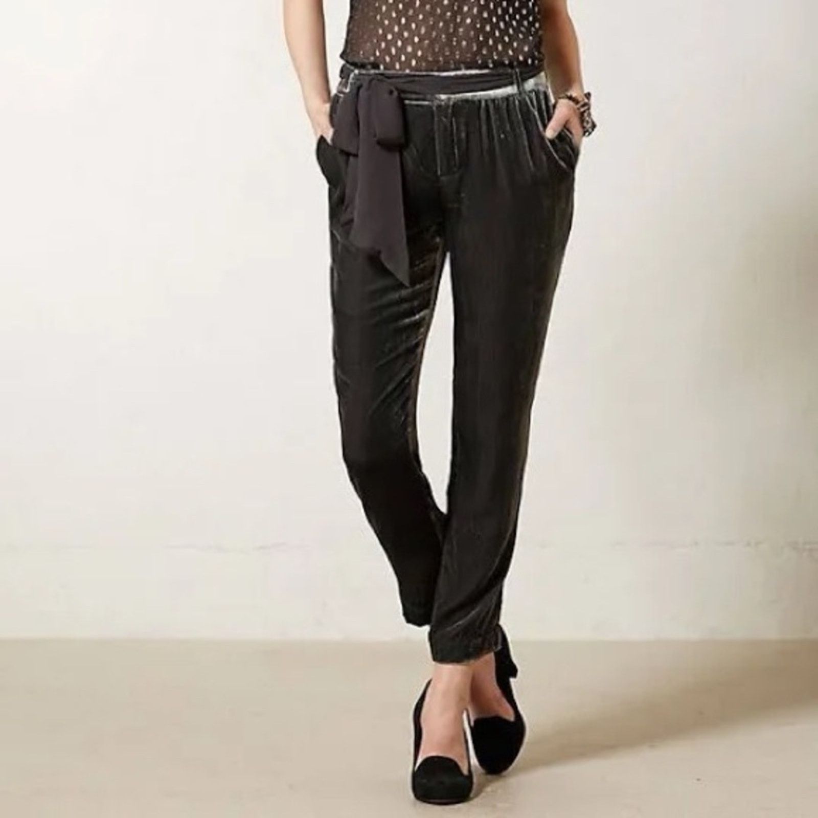 Anthropologie Anthropologie Elevenses Velvet Ribbon Tie Trousers Womens 2 Size 26" / US 2 / IT 38 - 1 Thumbnail