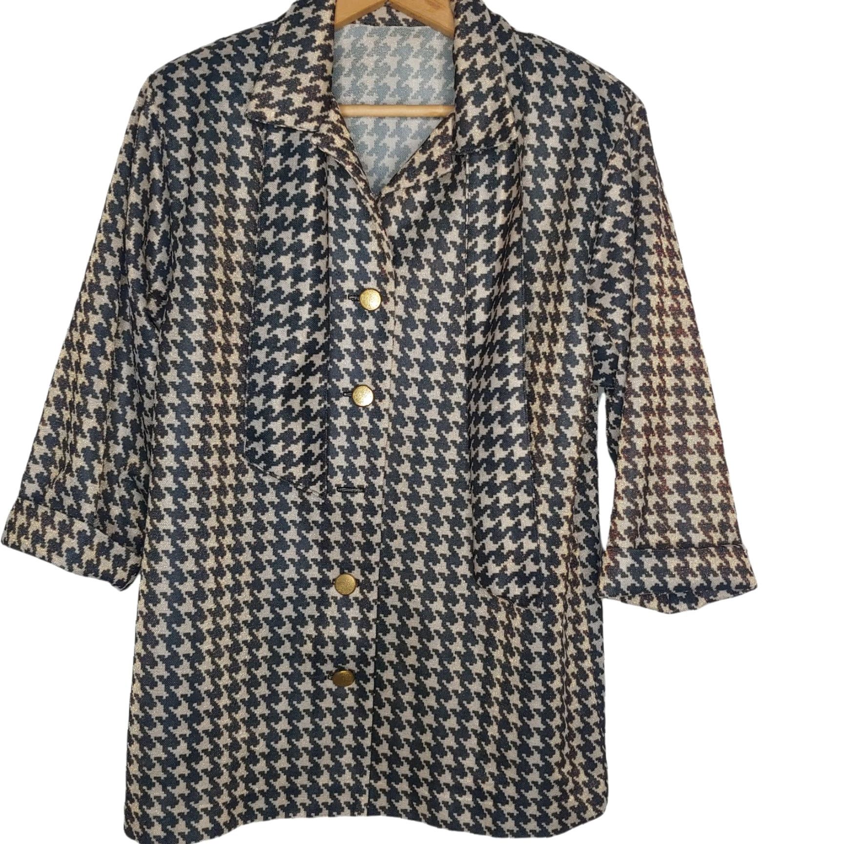 Vintage VINTAGE Blouse Houndstooth Tie 3/4-Sleeve M Womens Black Gold Buttons Tan Shimmer 70s 1970s Size M / US 6-8 / IT 42-44 - 2 Thumbnail