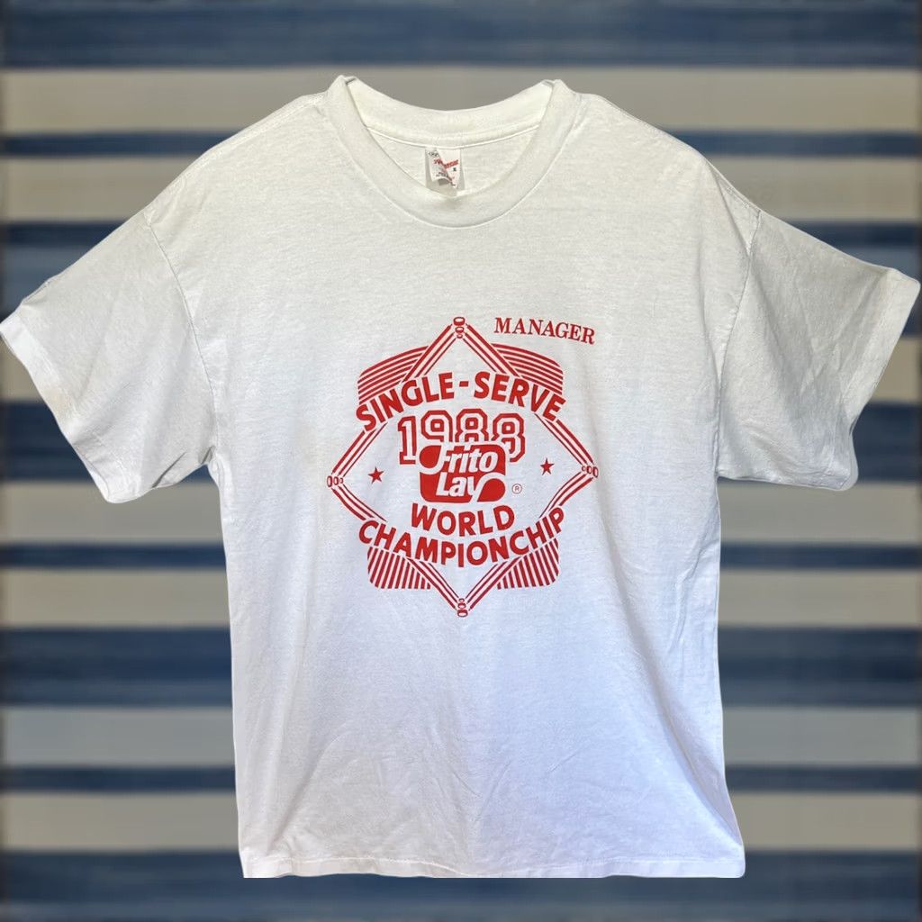 Fruit Of The Loom VINTAGE Fruit of the Loom Shirt Men White XL Crew Neck Short Sleeve Graphic Tee Ad Campaign Chip 1988 World Championship Made In USA Size US XL / EU 56 / 4 - 1 Thumbnail