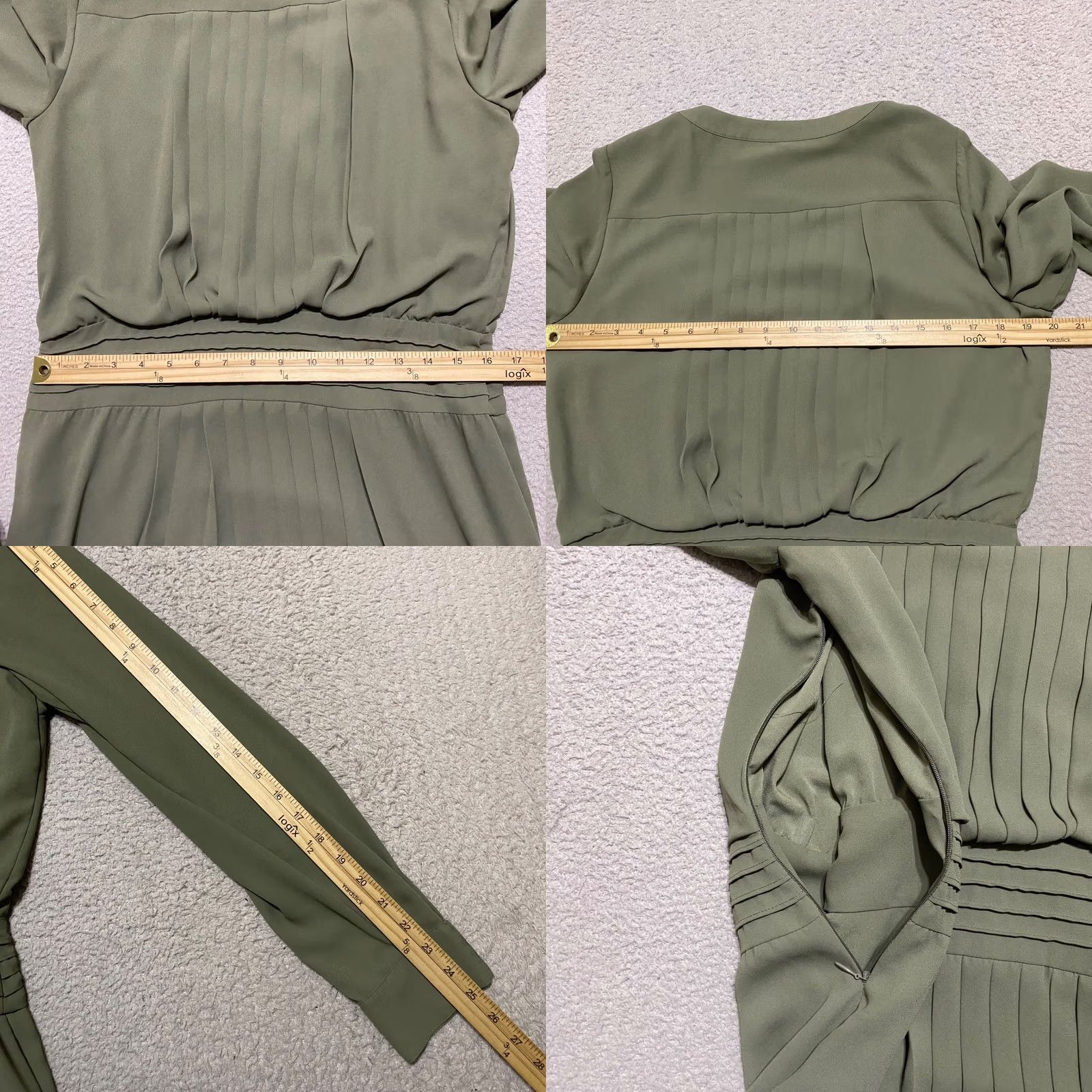 White House Black Market White House Black Market Dress 10 Olive Green Fit Flare L/S V Neck Pocket Womens Size L / US 10 / IT 46 - 8 Thumbnail