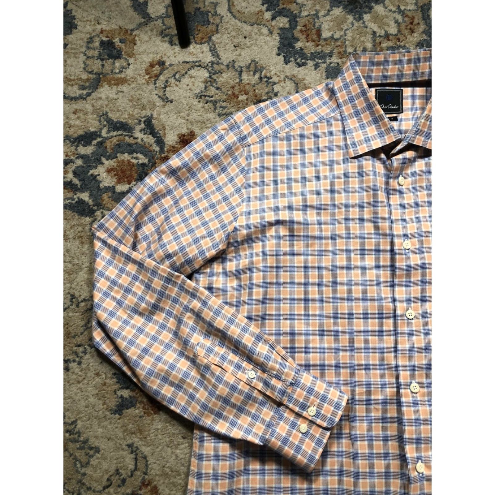 David Donahue David Donahue Dress Shirt Mens 17 36/37 Orange Plaid Long Sleeve Trim Fit Shirt Size 46R - 3 Thumbnail