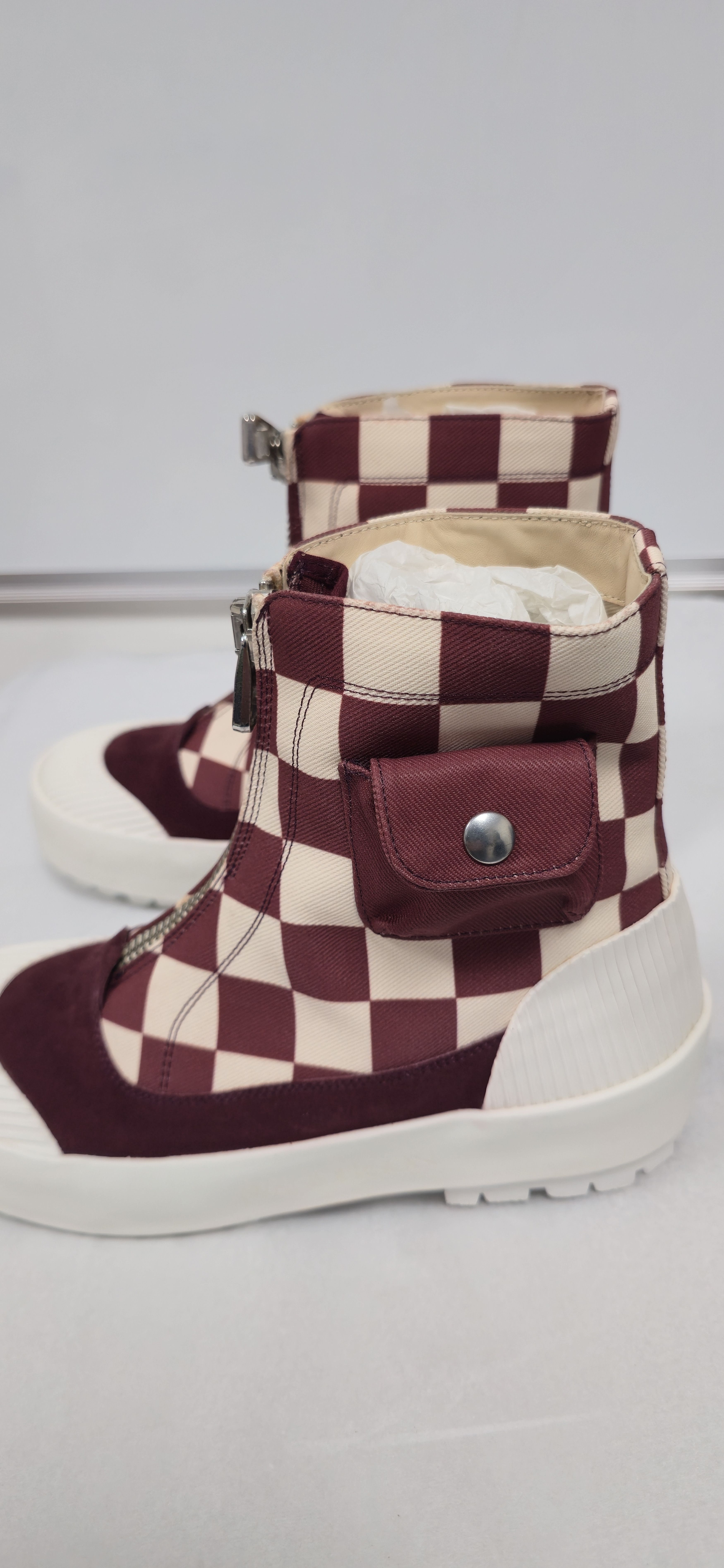 Burgundy Checkerboard Zip Cargo Pocket Boots RRP $400