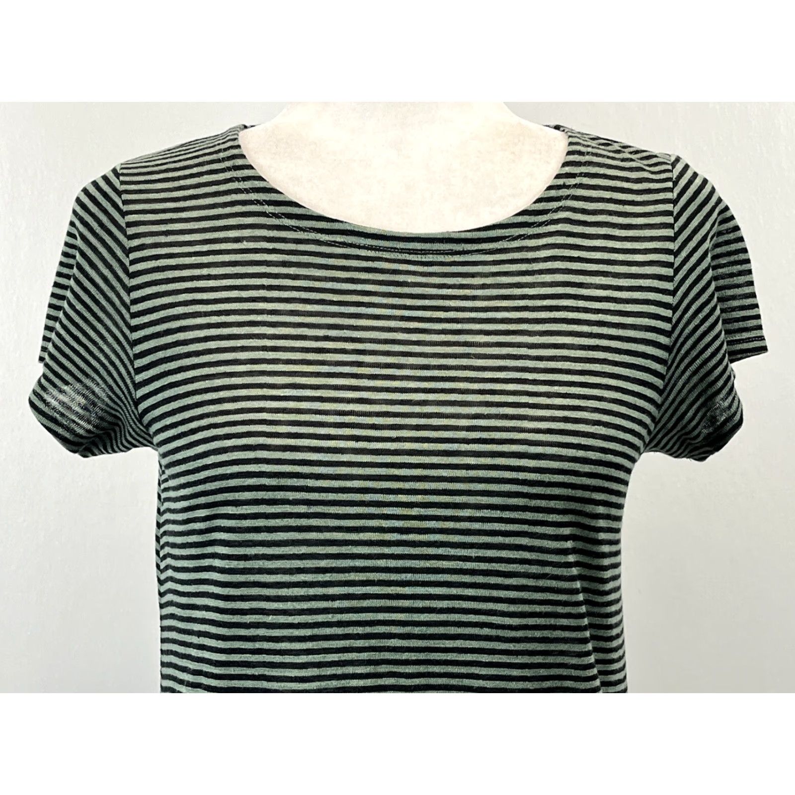 Eileen Fisher VINTAGE Eileen Fisher 100% Organic Linen Dress Striped PP Petites Knee Length Pockets Womens Short Sleeve T-Shirt Dress Green & Black NWOT Lagenlook Size XXS / US 00 / IT 34 - 5 Thumbnail