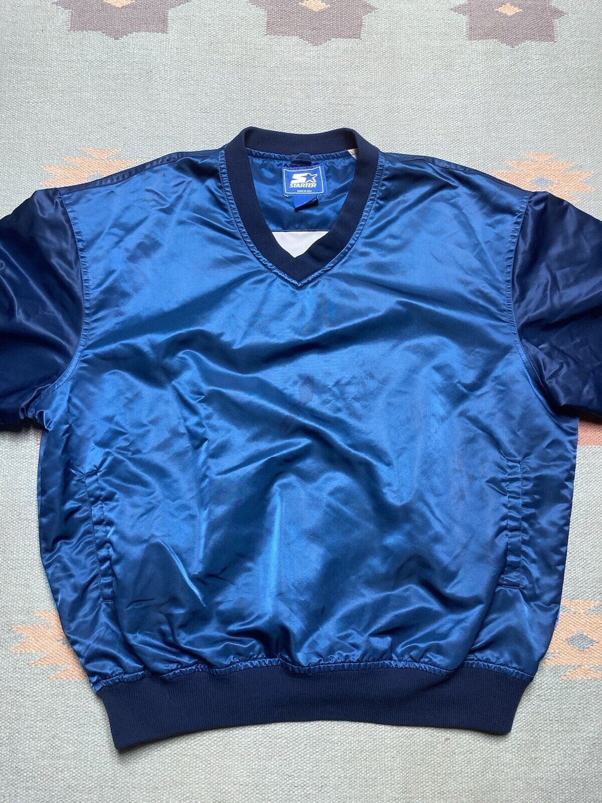 Starter × Vintage VTG starter satin jacket v neck blank navy blue baseball XL Size US XL / EU 56 / 4 - 2 Thumbnail