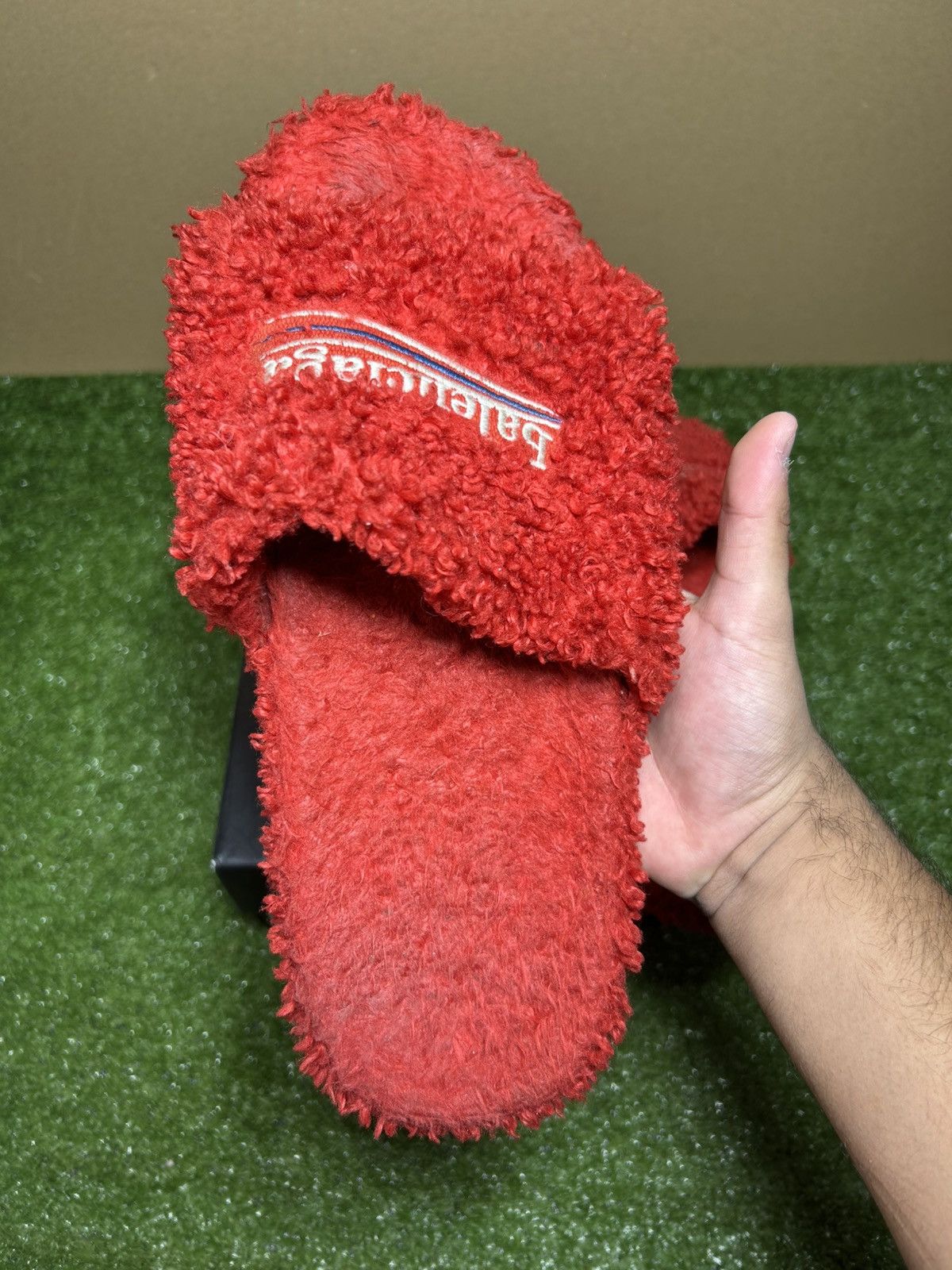 Balenciaga furry slides red