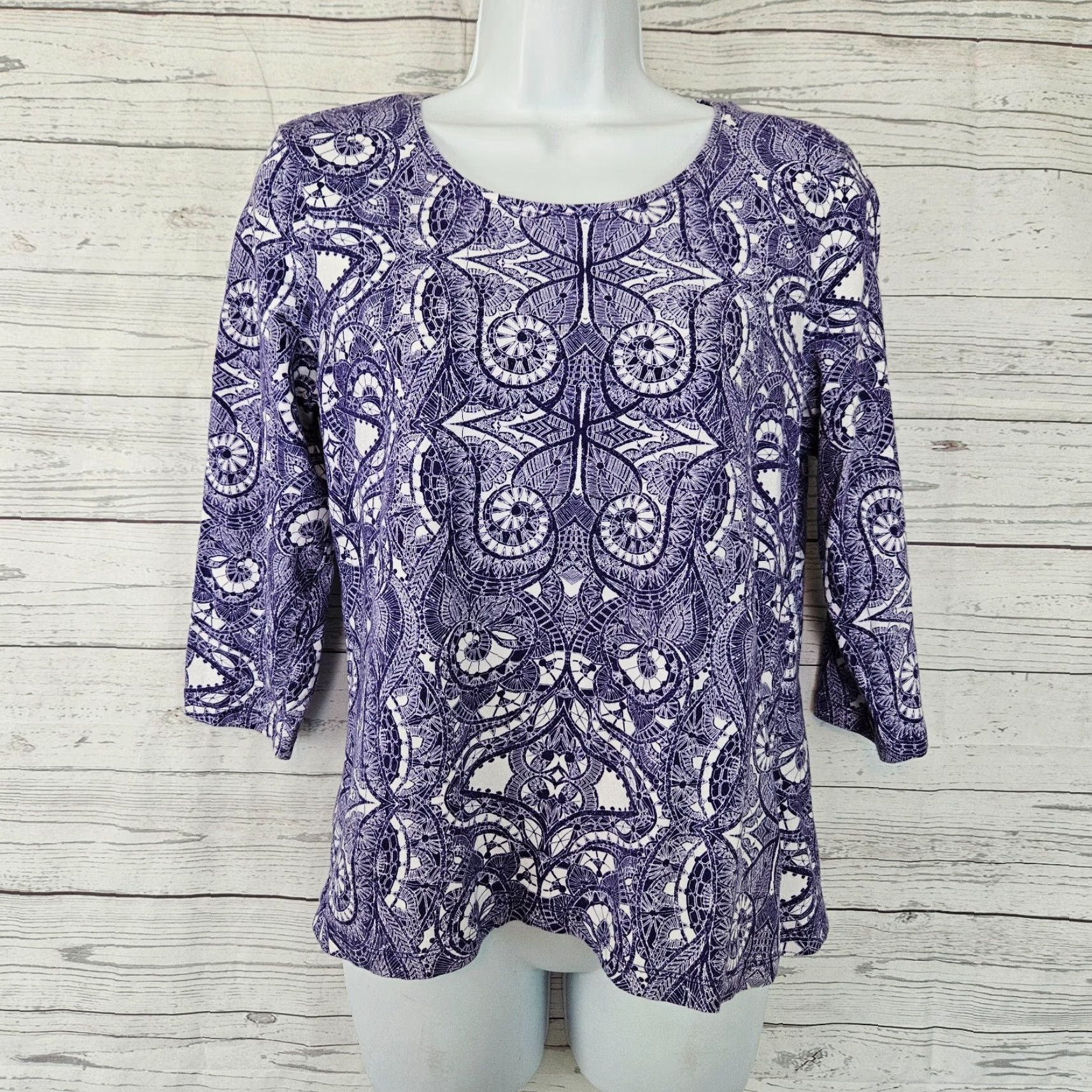 Vintage Chico's Womens Blouse Shirt 3/4 Sleeve Purple White Printed Cotton Blend M Adults Womens Size M / US 6-8 / IT 42-44 - 2 Thumbnail
