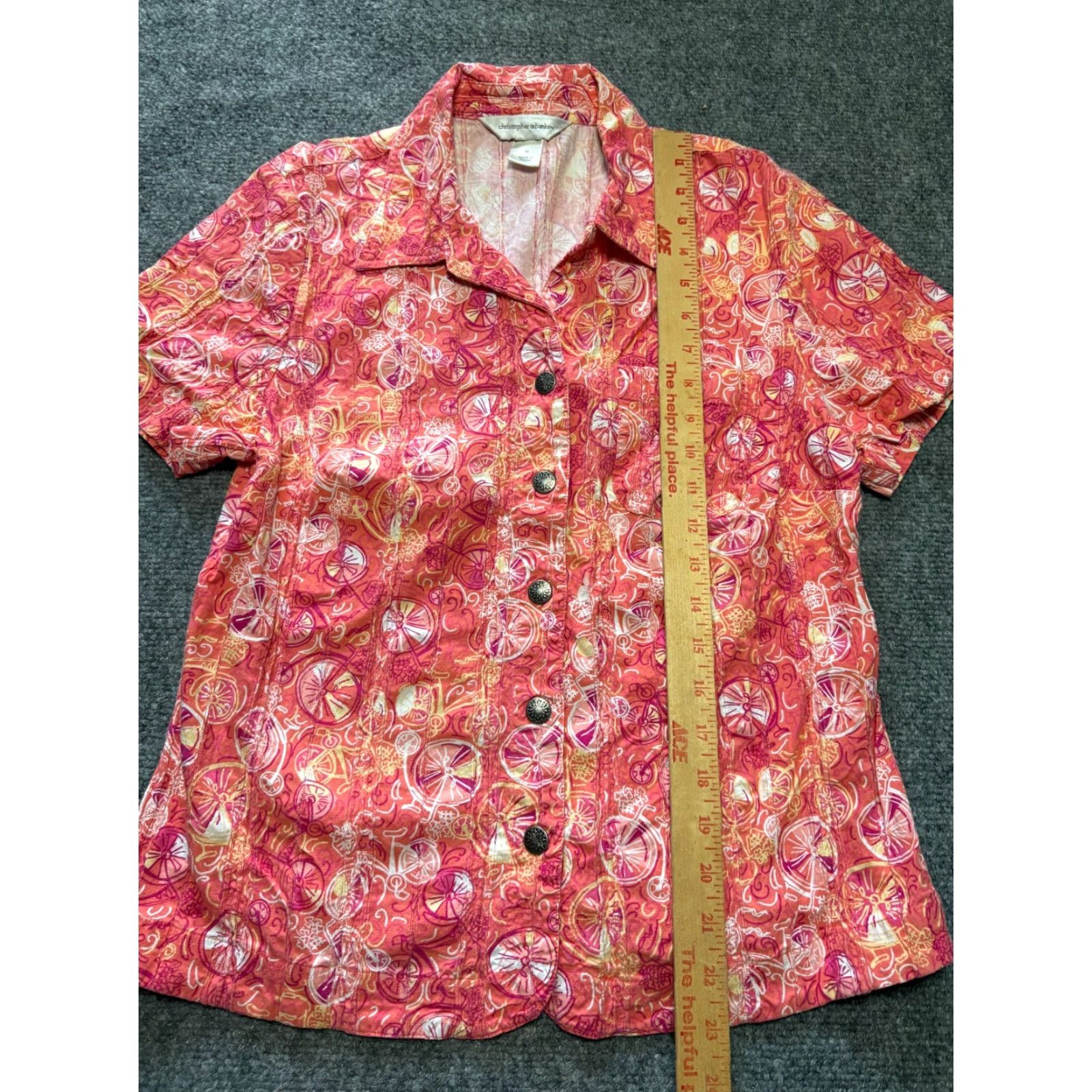 Vintage Christopher & Banks Button Up Shirt Womens Medium M Top Pink Bicycle Pattern Womens M Pink Shirt Button-Up Short Sleeve Collared Button Up Shirt Size M / US 6-8 / IT 42-44 - 2 Thumbnail