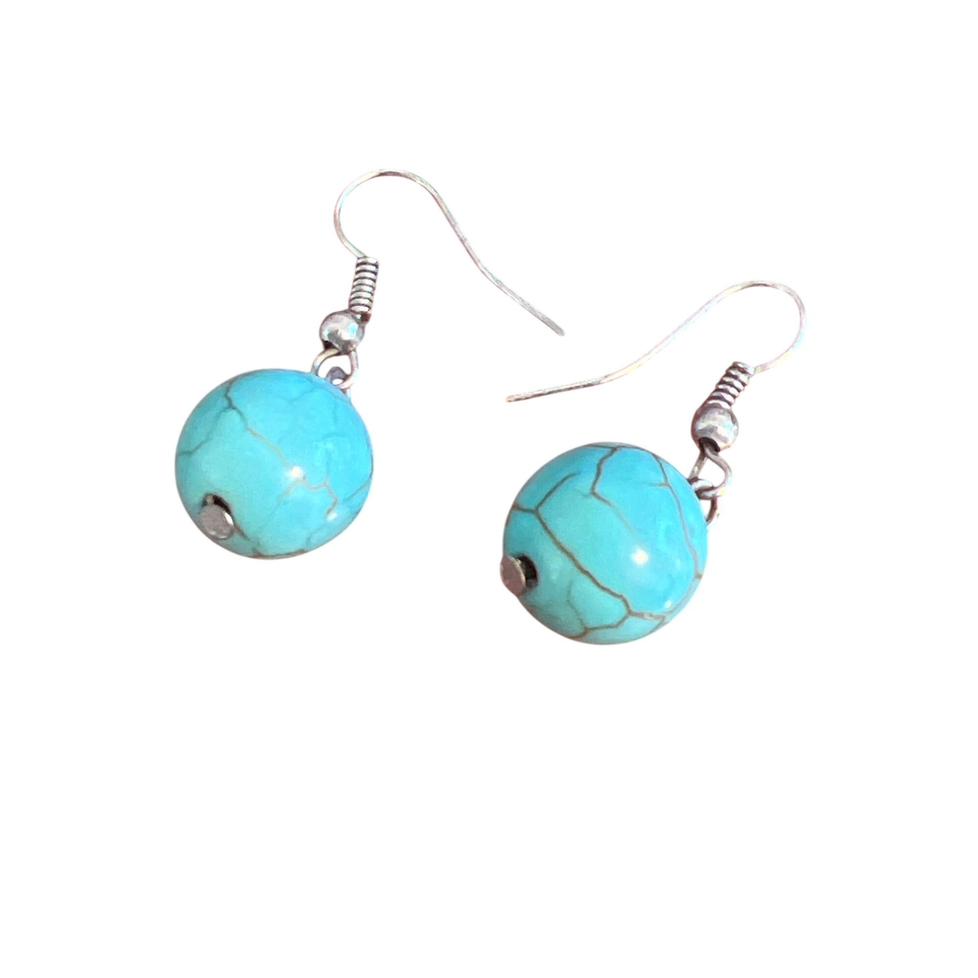 Other Turquoise Round Bead Dangle Earrings Silver Tone Hooks Light Size ONE SIZE - 1 Thumbnail