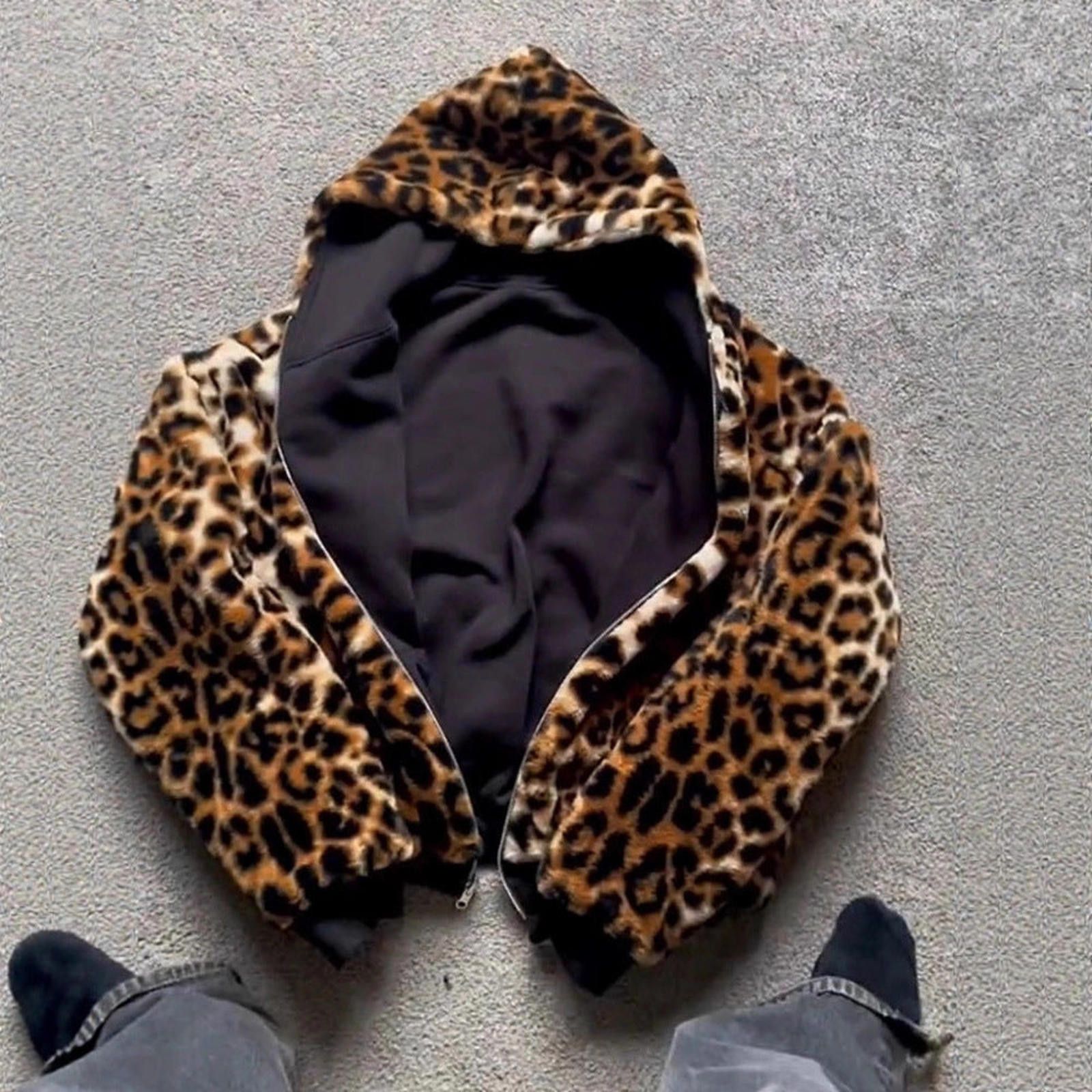 Japanese Brand Black Zip-Up Hoodie with Leopard Print Faux Fur Lining Size US M / EU 48-50 / 2 - 2 Thumbnail