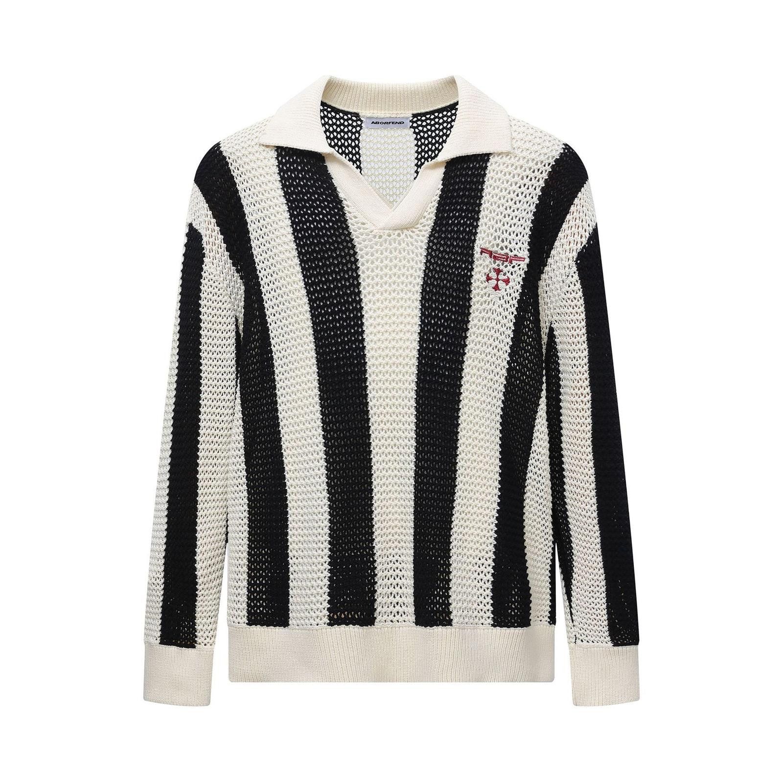 Japanese Brand Blue and Cream Striped Knit Polo Sweater Size US M / EU 48-50 / 2 - 5 Thumbnail