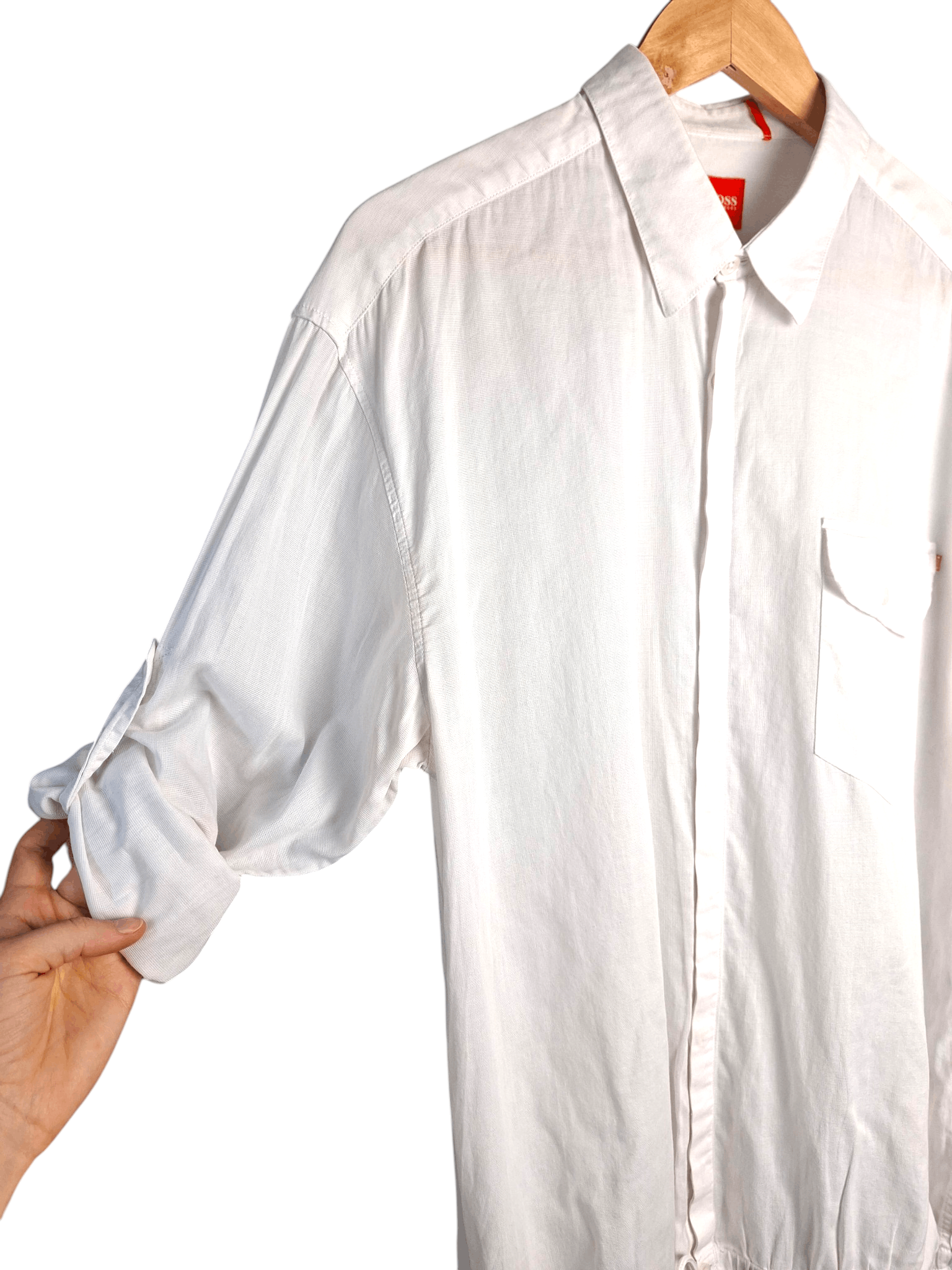 Hugo Boss Hugo Boss White Cotton Shirt Drawstring Hem Roll Tab Sleeve Size US L / EU 52-54 / 3 - 4 Thumbnail