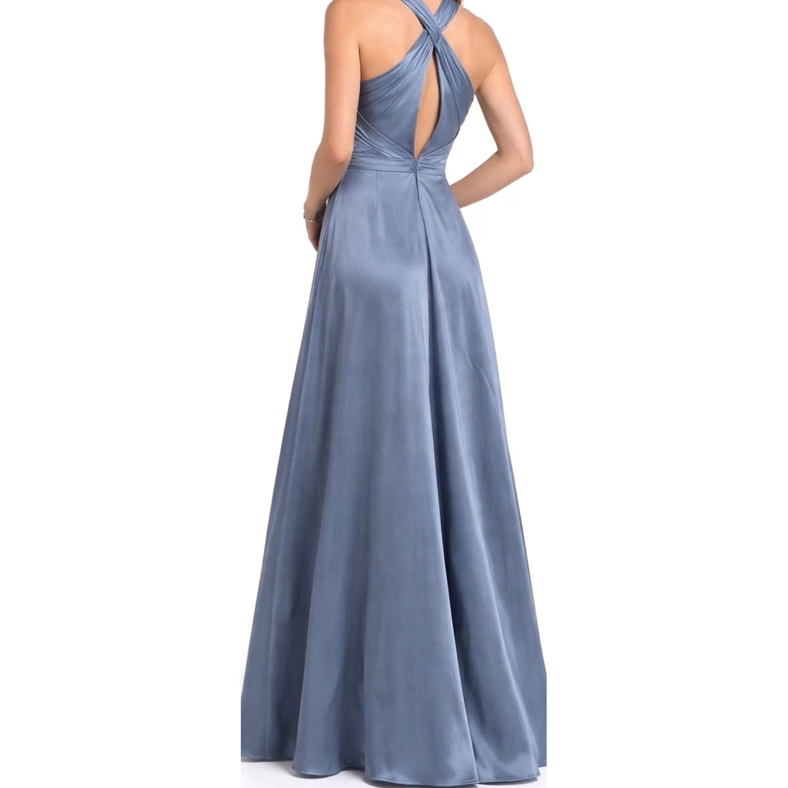 Vintage Azazie Satin Halter Bridesmaid Dress A12 Slate Blue Open Back Formal Prom Gown Size ONE SIZE - 2 Thumbnail
