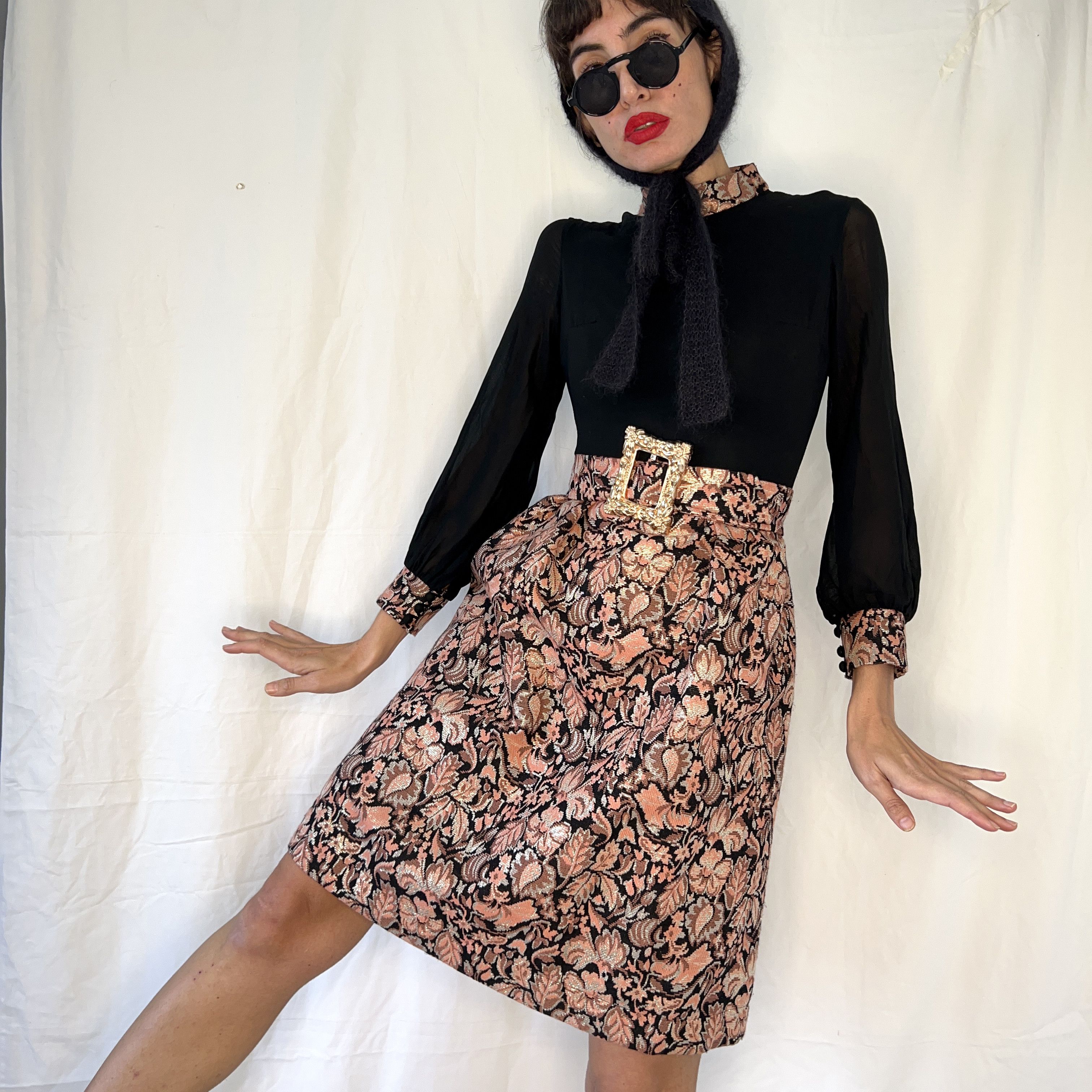 VIntage Tapestry Lurex Belted Dress Black Sheer Sleeves