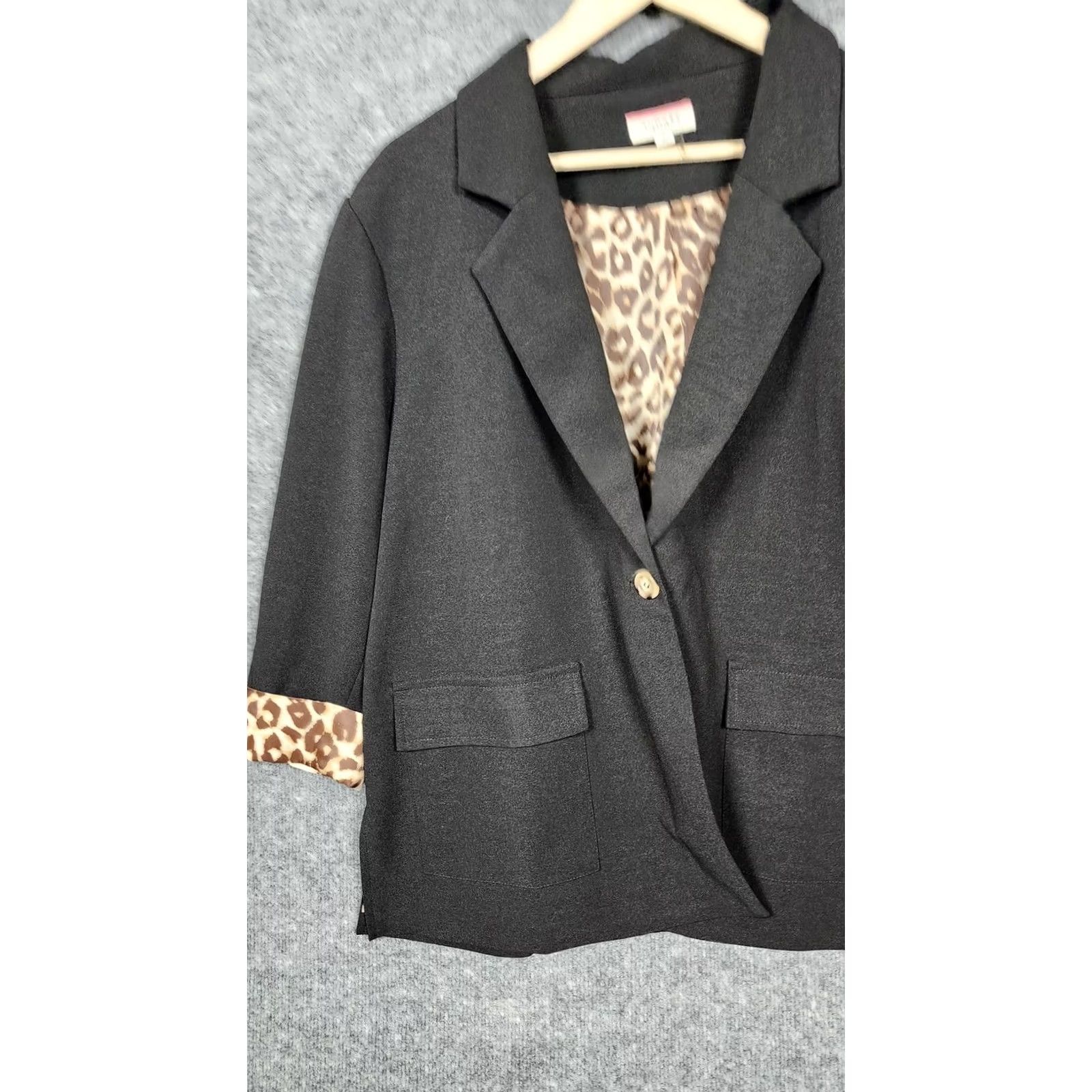 Vintage Andree By Unit Womens 1X Black Leopard Lined Jacket Blazer Single Button 3/4 Sleeve Size XL / US 12-14 / IT 48-50 - 3 Thumbnail