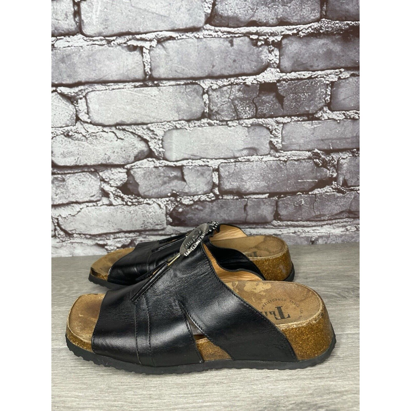 Other Think! Black Leather Cork Sun Moon Silver Wedge Sandals Wome Size US 6.5 / IT 36.5 - 1 Thumbnail