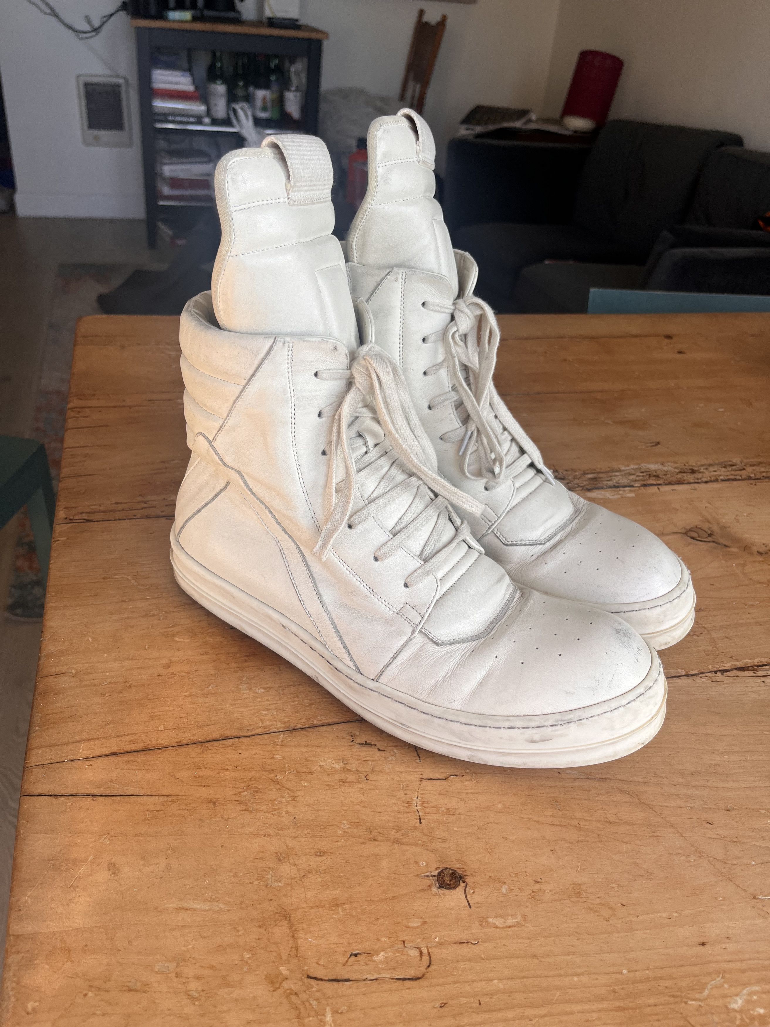 Rick Owens Rick Owens Geobasket black and white inverted triangle shoes |  Grailed