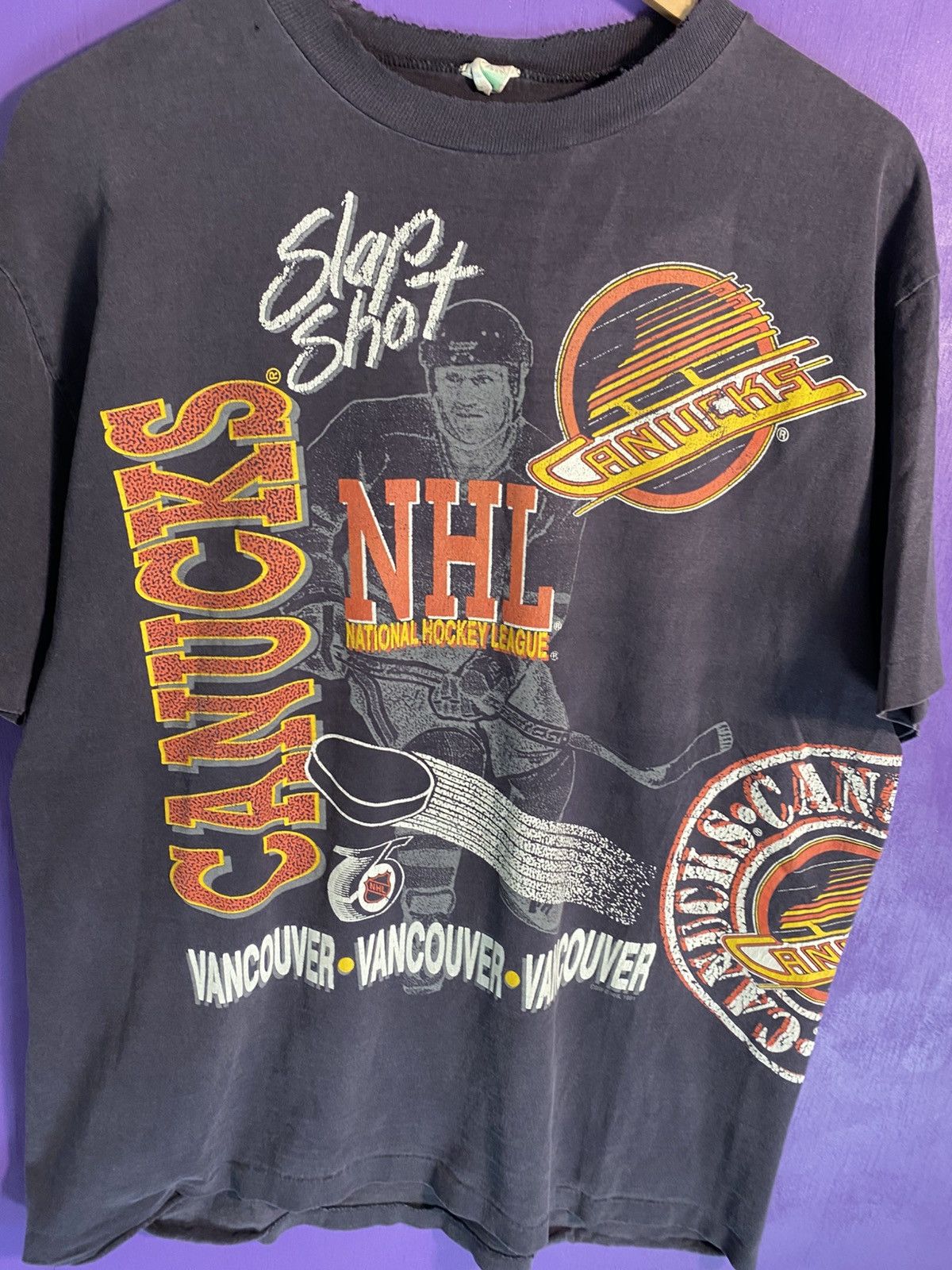 NHL Vintage 1991 Vancouver Canucks slap shot AOP t-shirt Size US XL / EU 56 / 4 - 3 Thumbnail