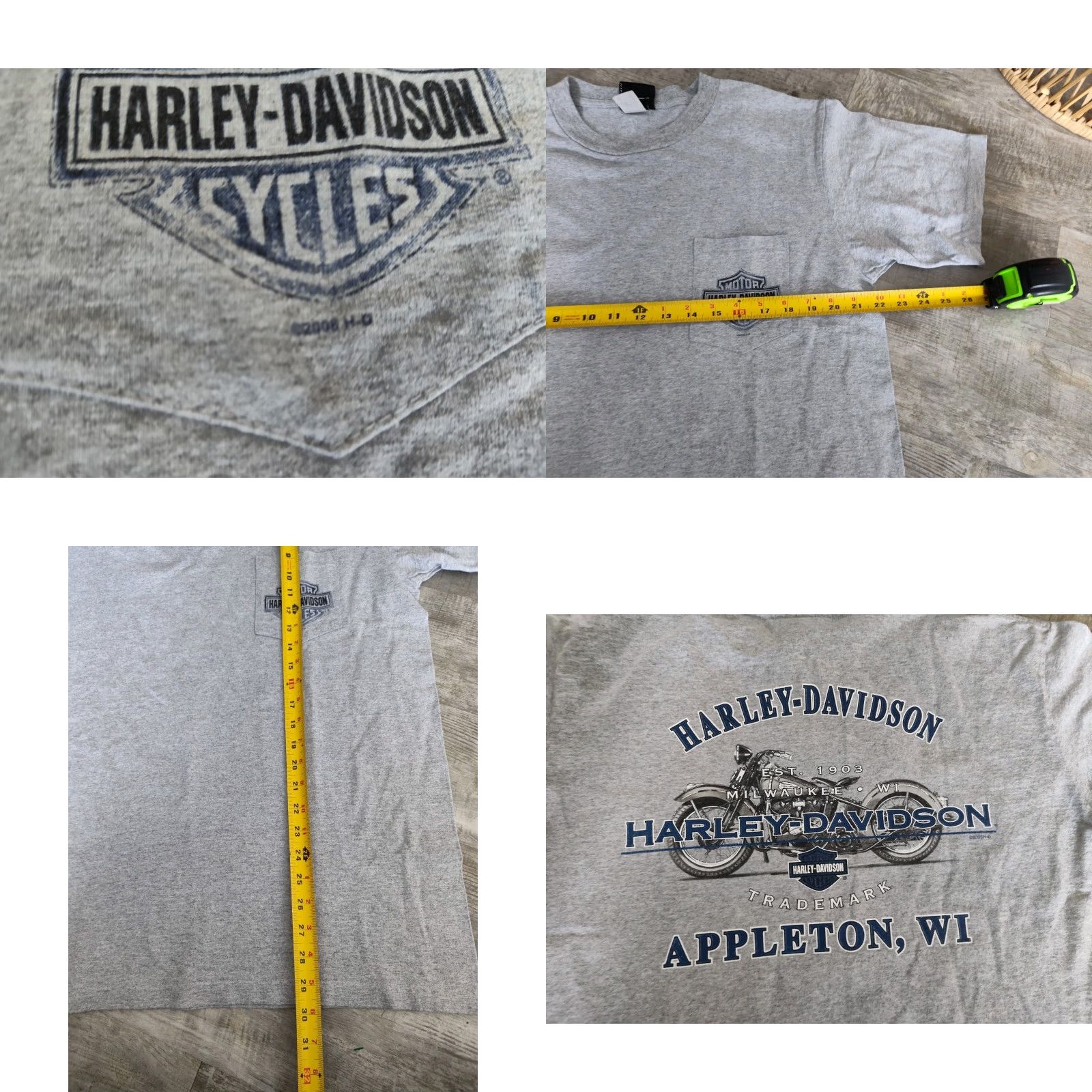 Harley Davidson Harley-Davidson Gray Pocket Tee Shirt Double-Sided USA Made Appleton, WI Size L Size US L / EU 52-54 / 3 - 8 Thumbnail