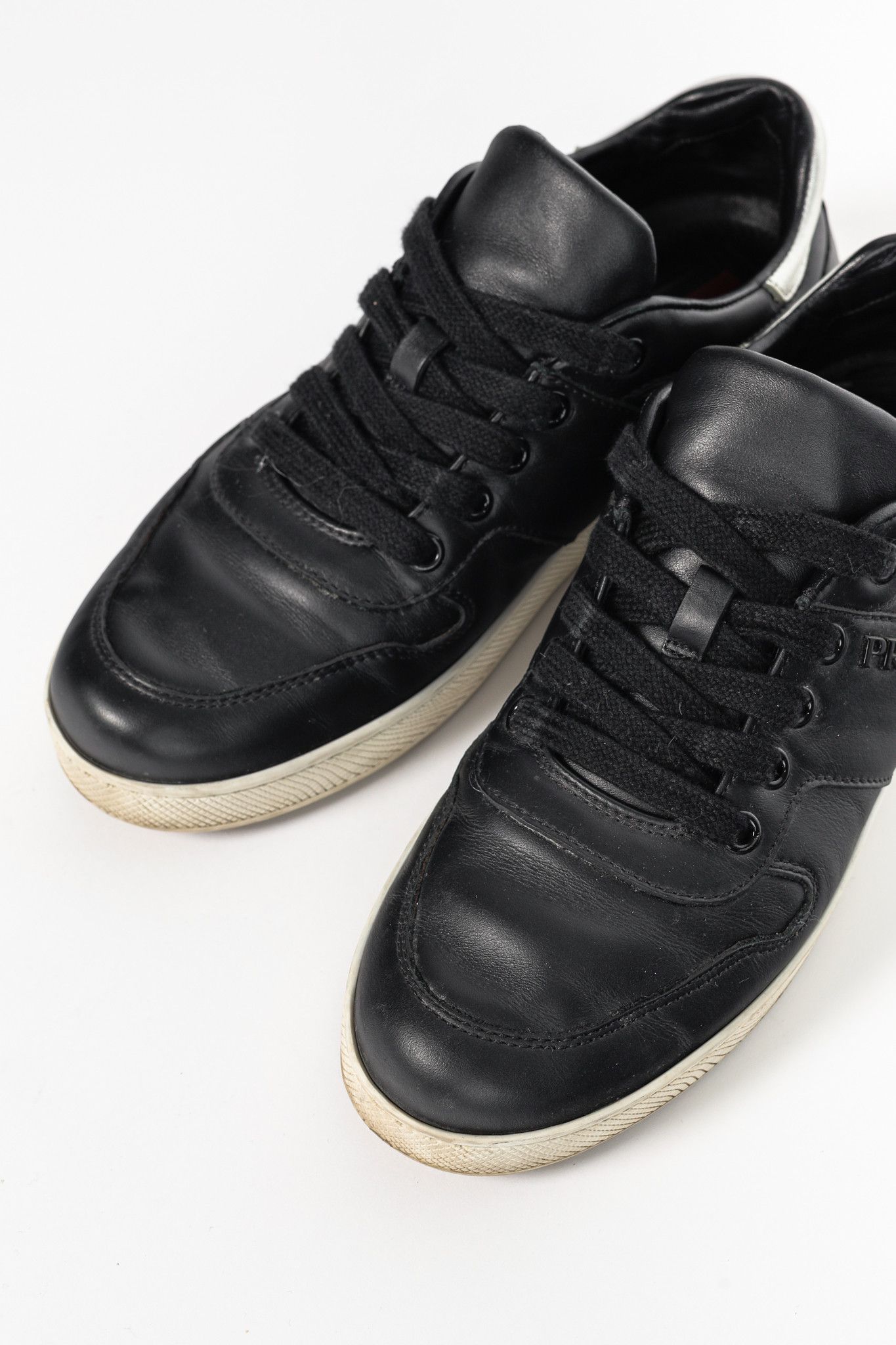 Prada Prada Nero Leather Metallic-Trim Low-Top Sneakers Size US 6.5 / IT 36.5 - 6 Thumbnail
