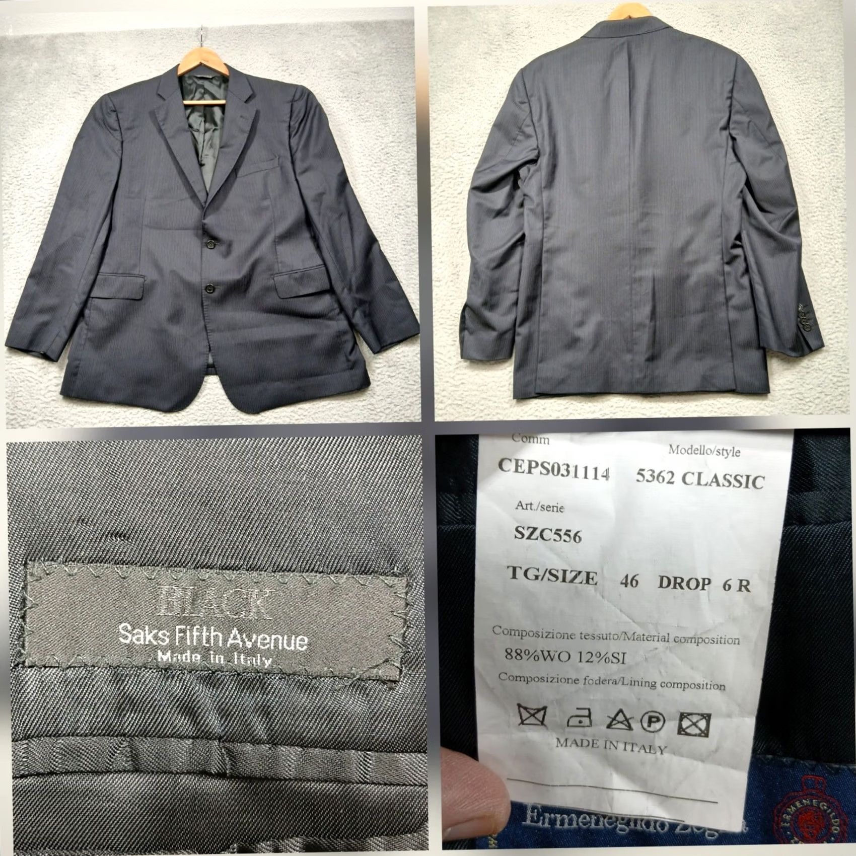Ermenegildo Zegna Saks Fifth Avenue Classic Fit Gray Wool Blend Zegna Cloth Blazer Men's 46R Size 46R - 2 Thumbnail
