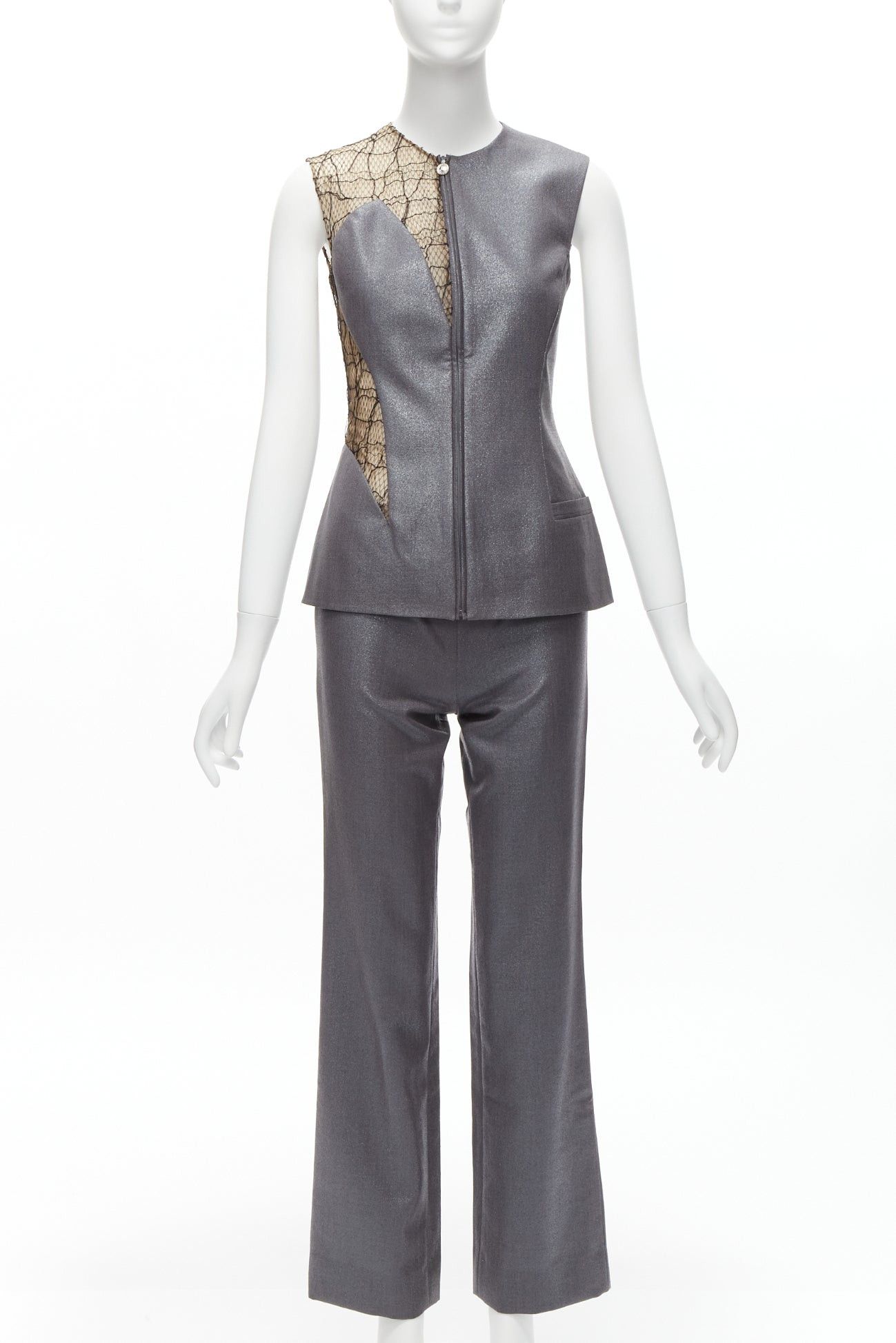 Versace GIANNI VERSACE Vintage Runway grey lurex nude lace mesh illusion panel vest pants suit set IT38 XS Size 26" / US 2 / IT 38 - 1 Thumbnail