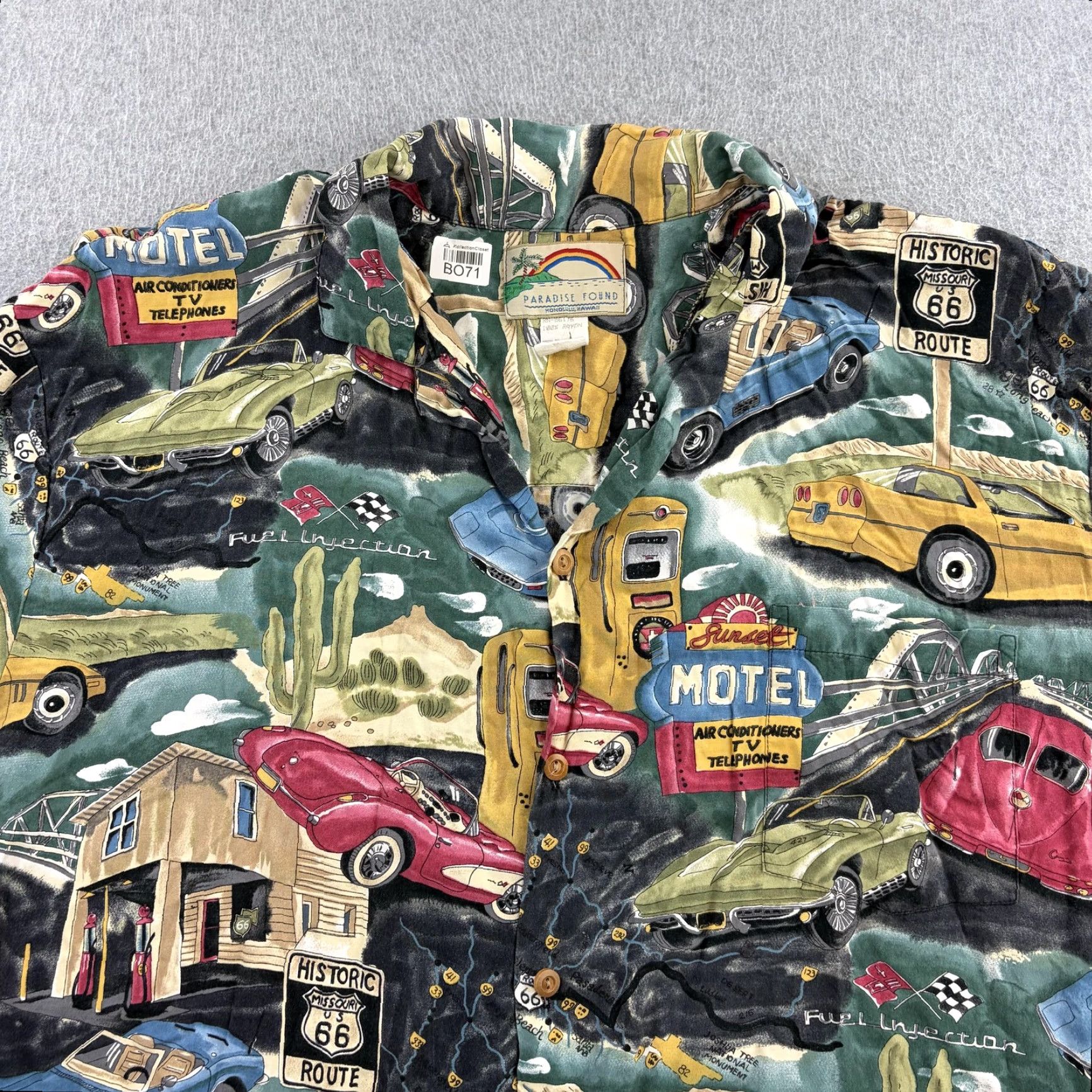 Paradise Found Paradise Found Shirt Mens 2XL Route 66 Cars Hawaiian Camp Rayon Button Front Size US XXL / EU 58 / 5 - 4 Thumbnail