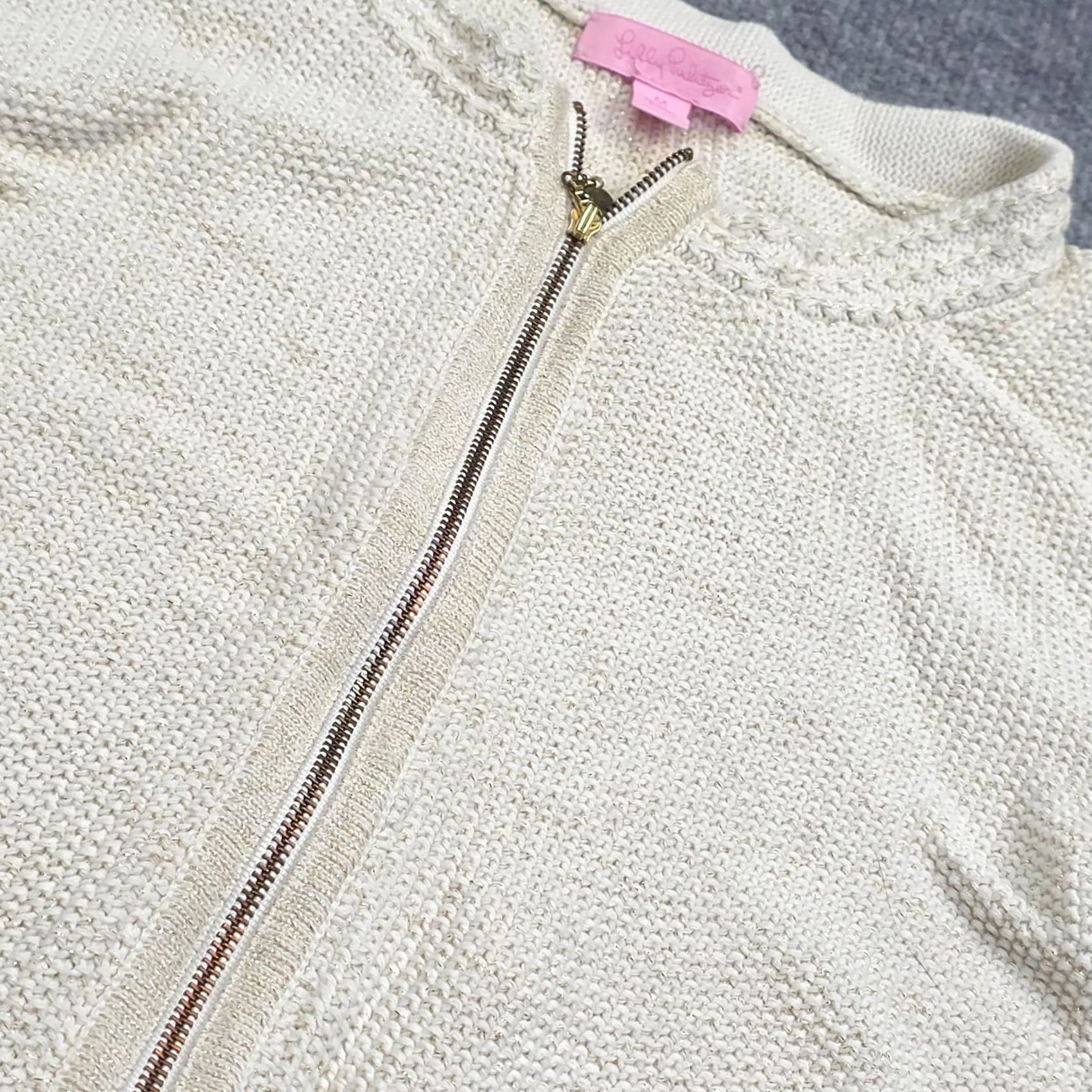 Lilly Pulitzer Lilly Pulitzer Knit Sweater Zip Juniors Medium Beige Long Sleeve Cotton Metallic Size M / US 6-8 / IT 42-44 - 3 Thumbnail